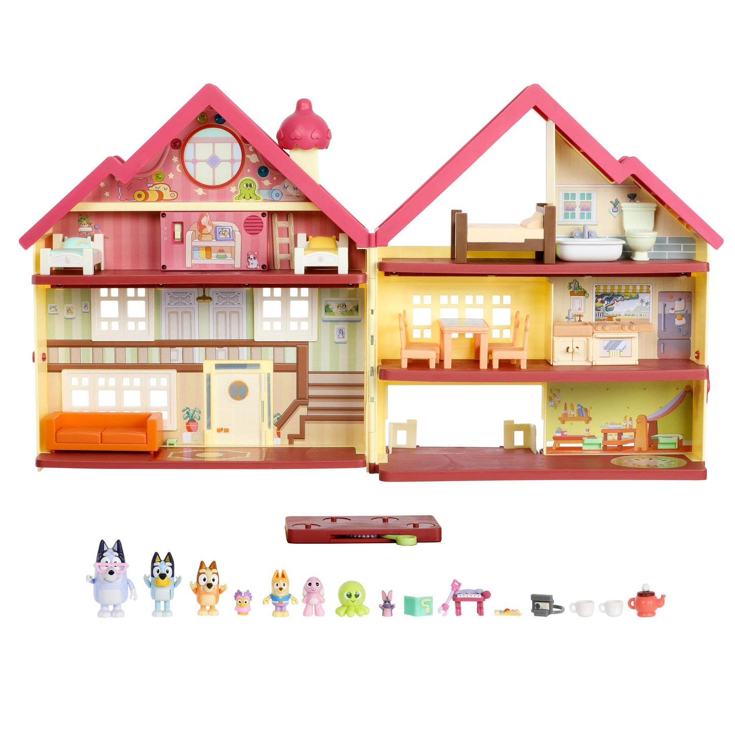 HotBluey and Bingo Supermarket Playset, Escalator & Sounds, 15 Pieces | 3 interactive levels, rooftop café, 24 sound effects, exclusive Bingo & Bluey figures; pretend play for kids ages 3+