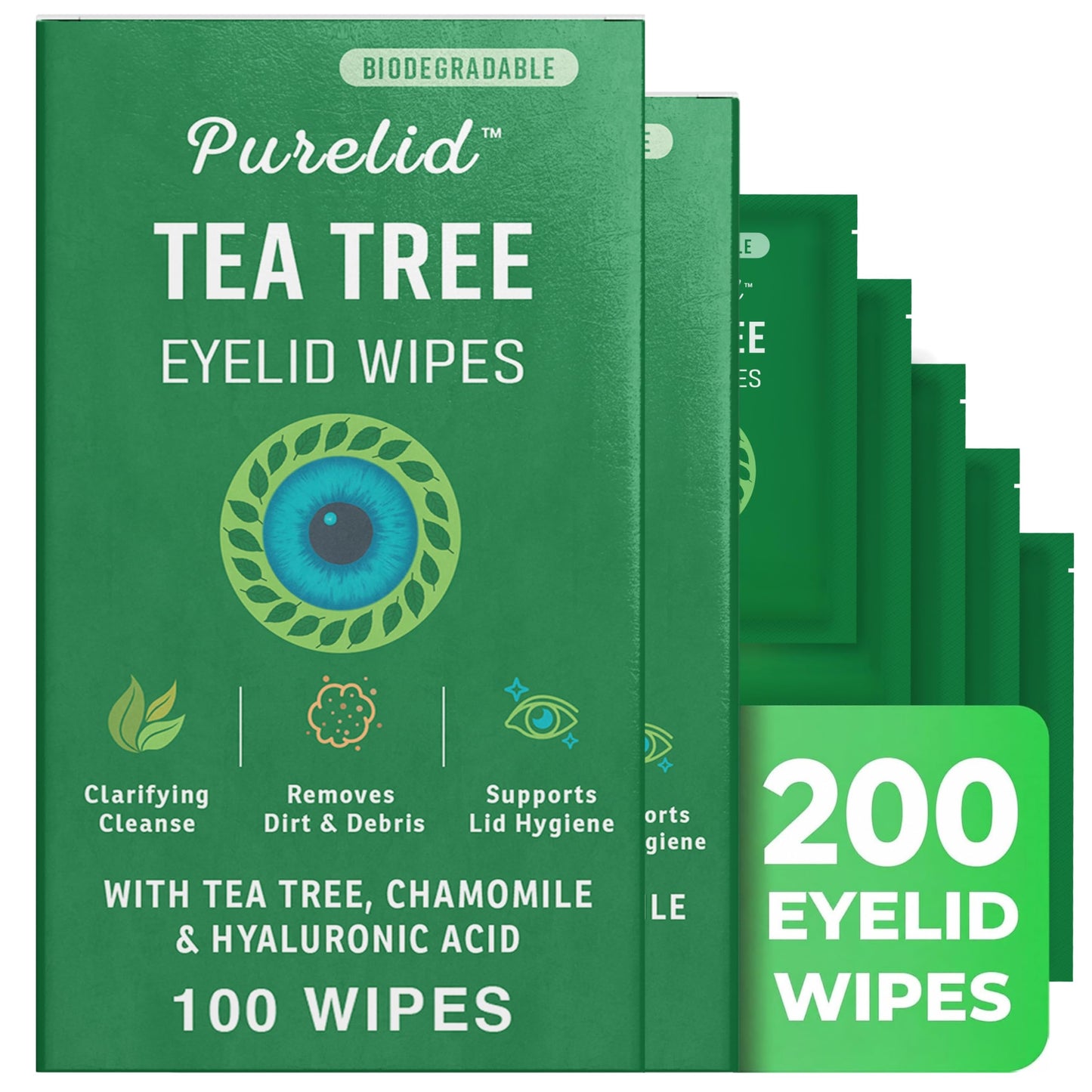 Hot100PCs Tea Tree Eyelid Wipes – Cleaning Eye Wipes for People with Dry Eyes & Allergies – Gentle Eyelid Cleanser with Hyaluronic Acid, Chamomile and Aloe – Individually Wrapped & Biodegradable
