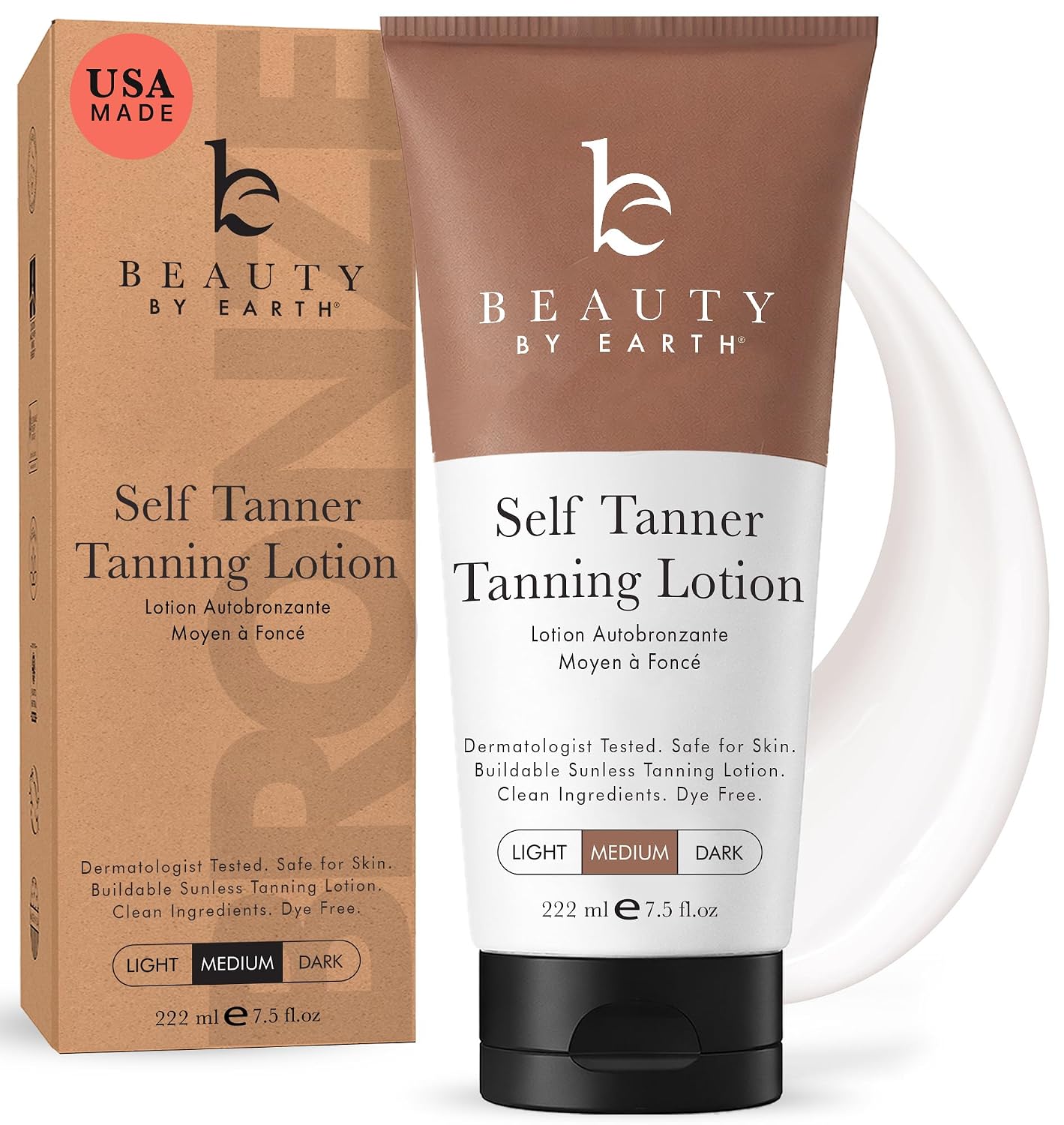 HotBeauty by Earth Self Tanner - USA Made with Natural & Organic Ingredients | Moisturizing Self Tanning Lotion with Aloe Vera & Coconut for a Natural Glow, Streak-Free Fake Tan (Medium)