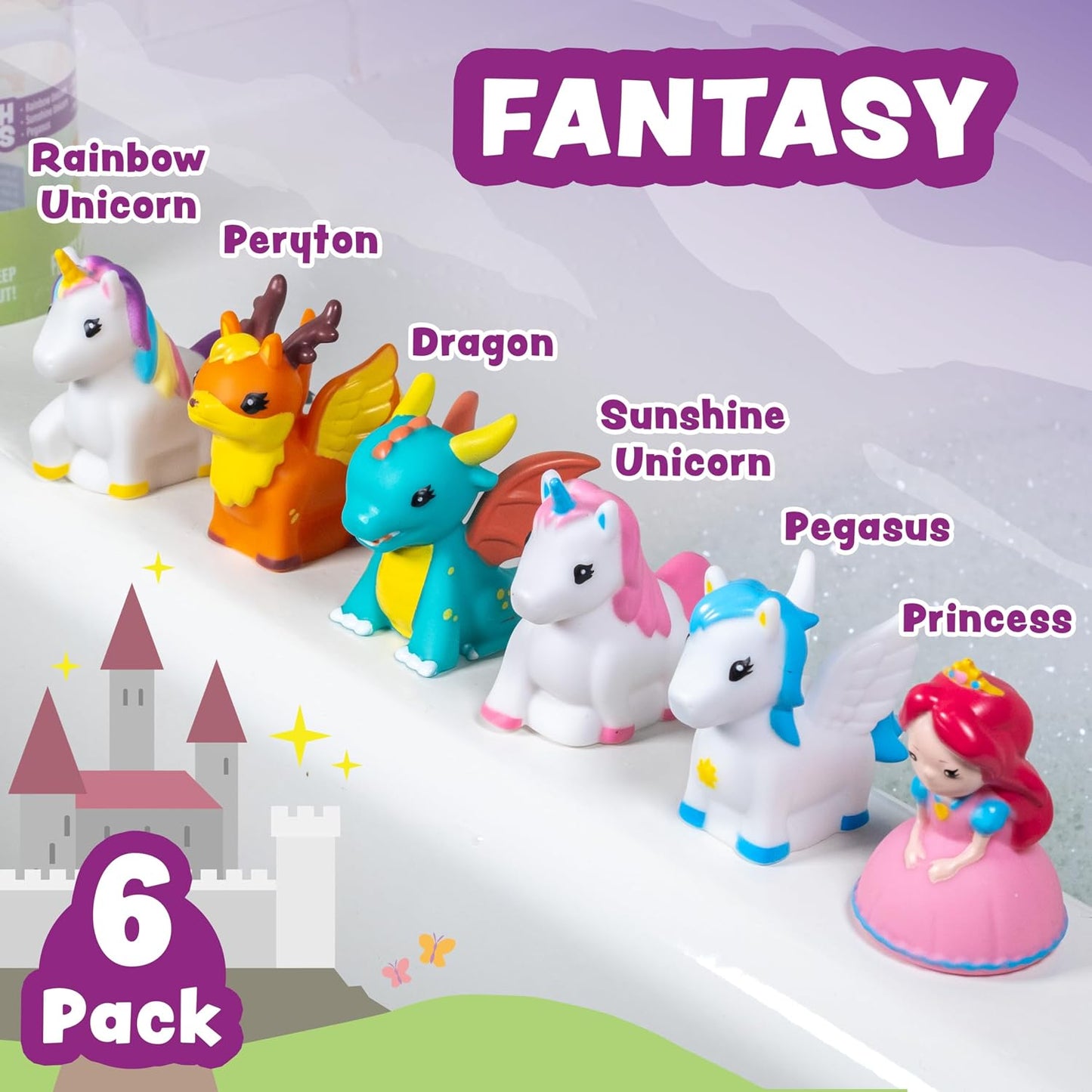 HotTub Works® Fantasy Watertight Bath Toys, 6 Pack | Sealed, No Hole Bath Toys Design Keeps Moisture Out | Soft, Squeezable & Float on Water | Baby & Toddler Bathtub Toy | Unicorn Baby Girl Bathtub Toy