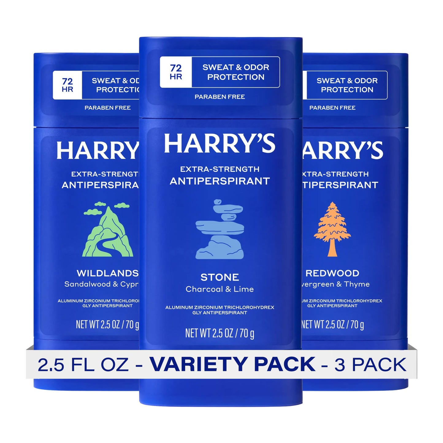 HotHarry's Extra-Strength Antiperspirant Deodorant, Sweat & Odor Control Antiperspirant for Men, Variety Pack - Stone, Redwood, Wildlands, 2.5 oz Pack of 3