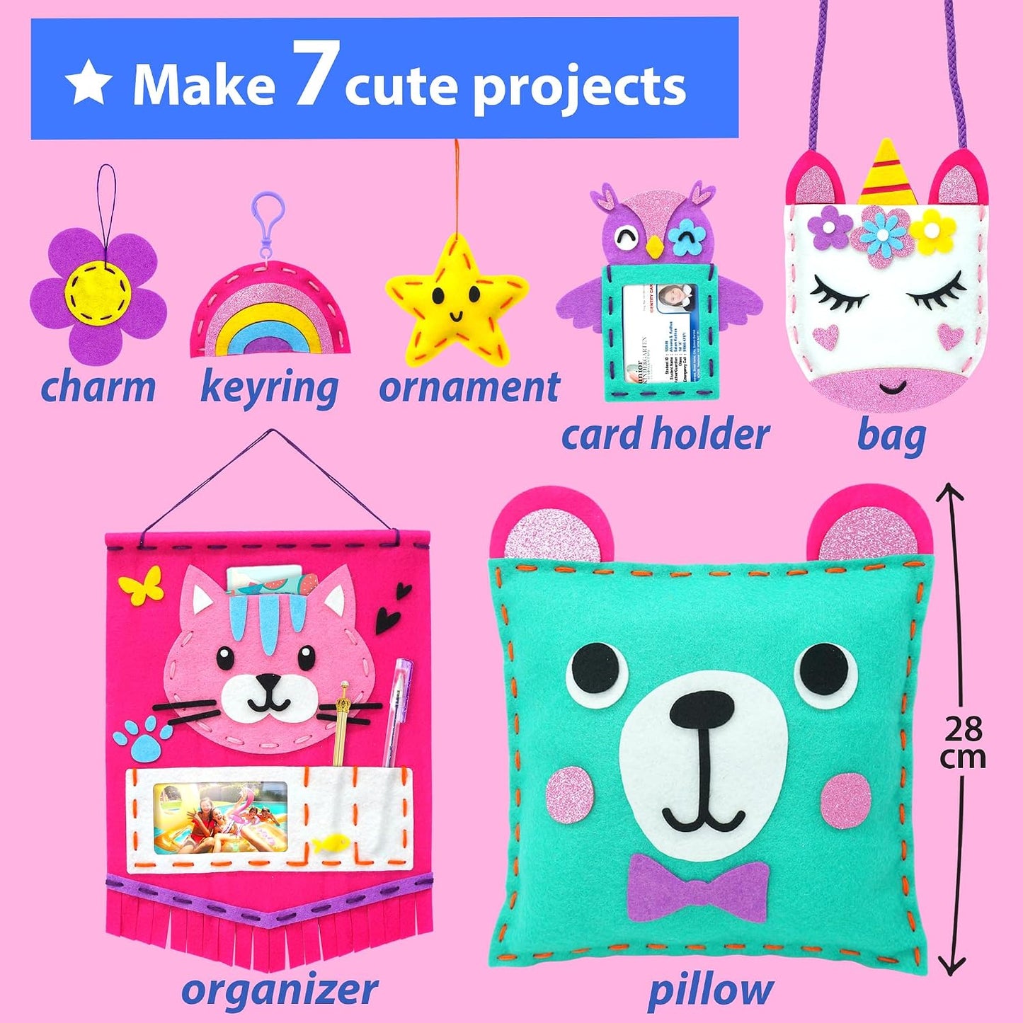HotKRAFUN My First Sewing Kit for Kids Ages 6-12 | 7 Animal Dolls | 7 stuffed animal & plush pillow projects. Pre-punched felt & instructions included. Gift for girls & boys