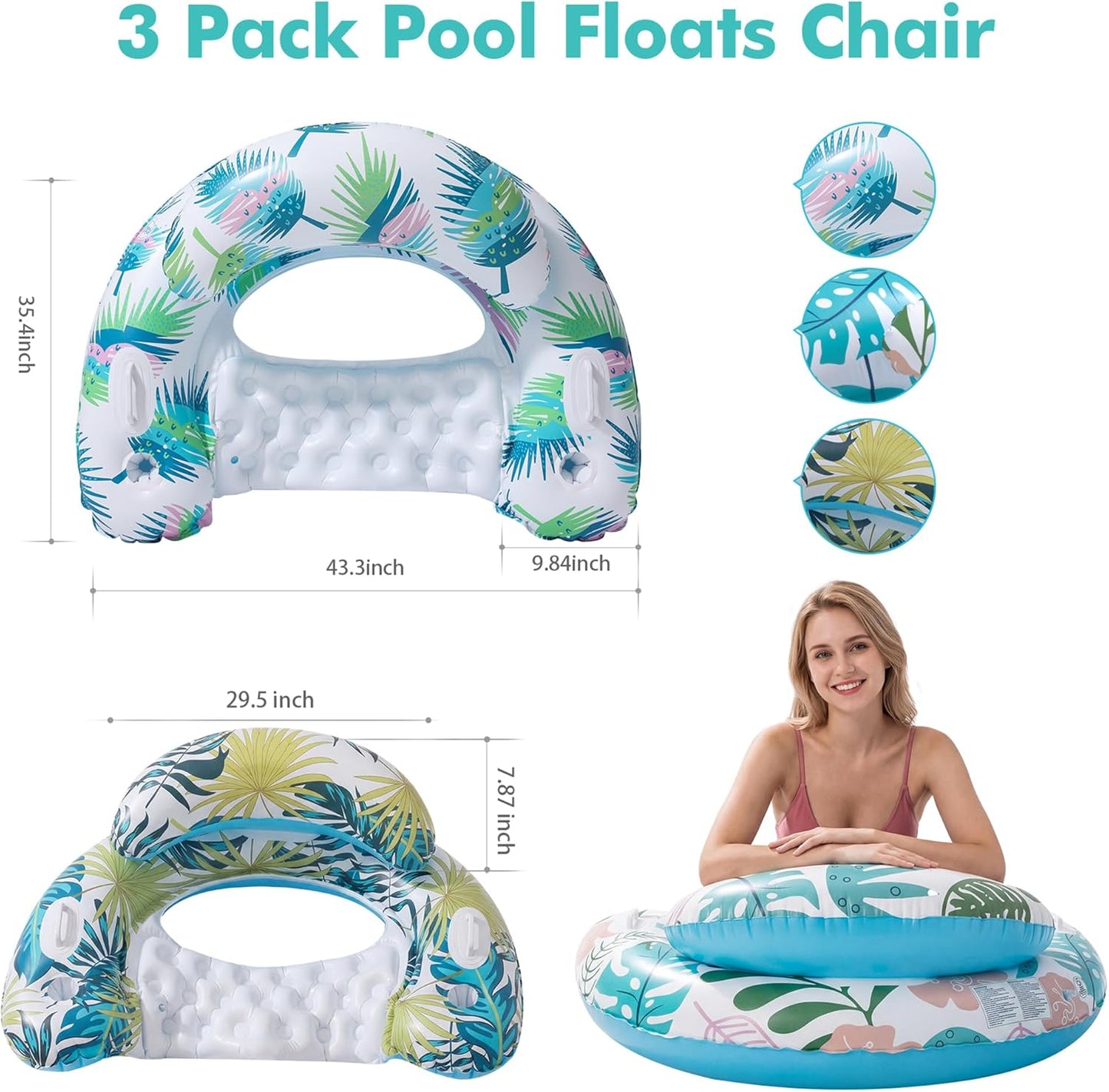 Hot3 Pack Pool Floats Adult, OKSUWATER Pool Floaties with Two Cup Holders & Handles, Inflatable Pool Floats Chairs, Lake Floats Applies to Swimming Pool Party Summer Lake Water Fun