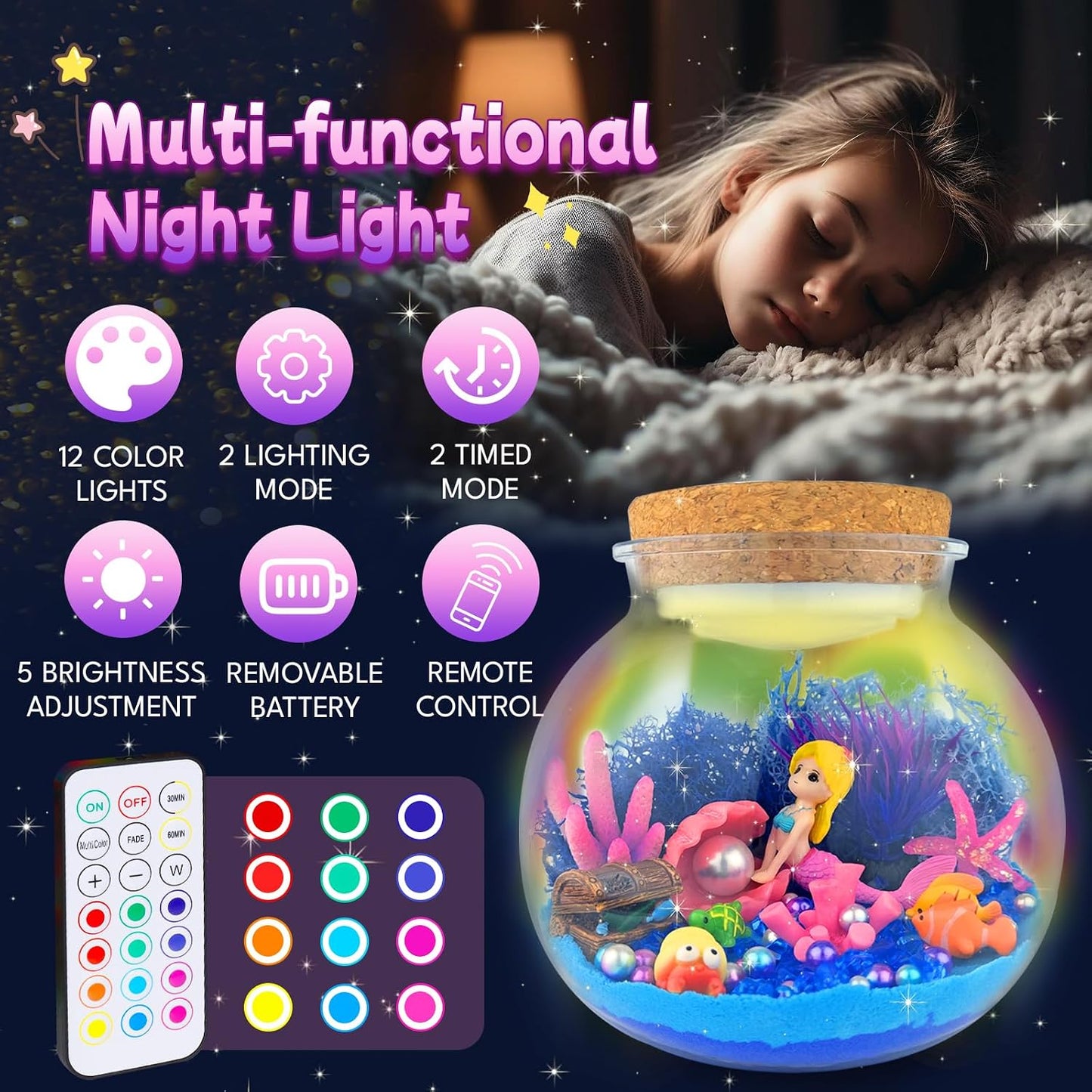 Hot 7july Mermaid Terrarium Craft Kit for Kids - LED Night Light Up & Remote Mermaid Birthday Gifts Toys for Girls Age 5 6 7 8 9 10 11 12 Year Old