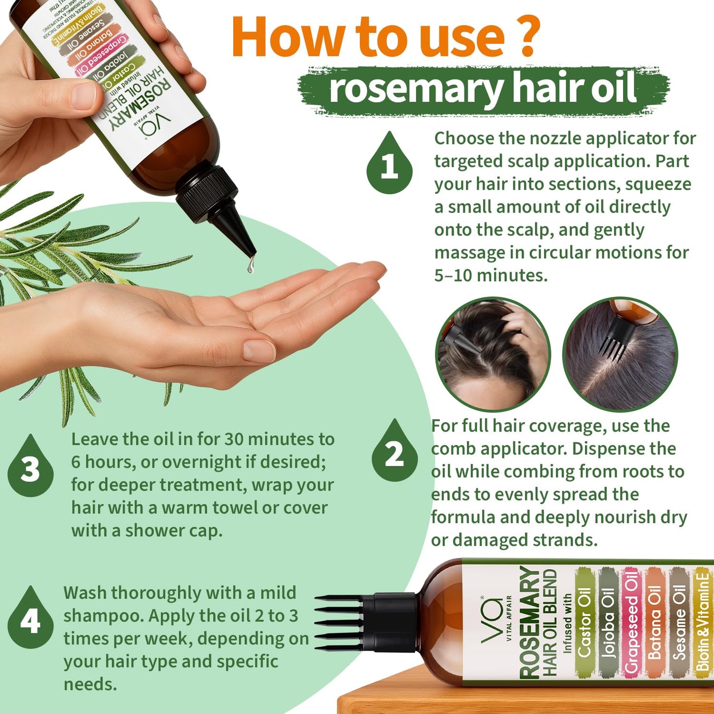HotBlend Of Pure Rosemary Oil For Hair Growth With Castor, Batana, Jojoba Oil-Infused With Biotin & Vitamin E-Blend of Effective Hair Oils for Hair Growth-Strengthening Treatment-By Vital Affair-6 Fl Oz