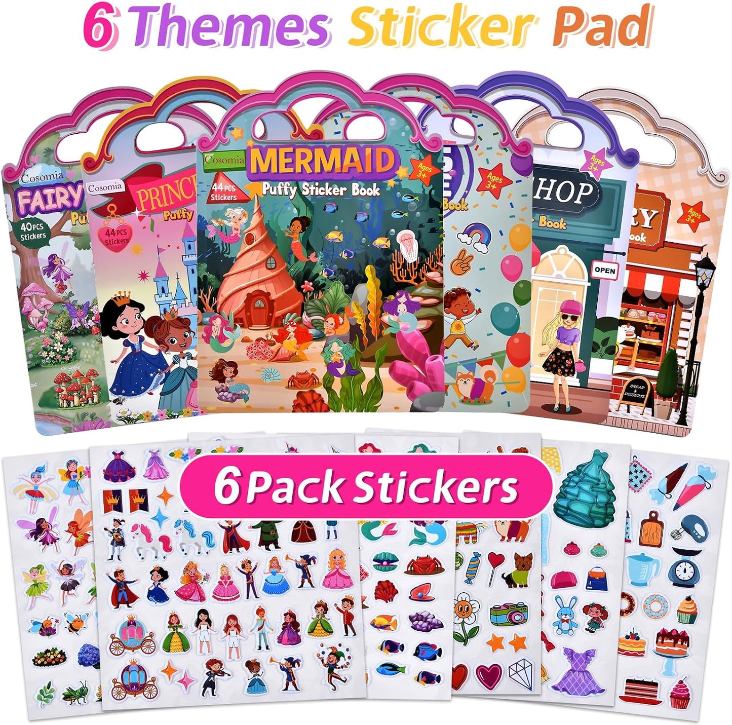 Hot6 Set (260pcs) Puffy Sticker Books Activity for Girls, Reusable Stickers Book, Fairytale+Garden+Princess Party+Mermaid+Kids Zone+Girls' Shop, Travel Book for Kids Ages 3+