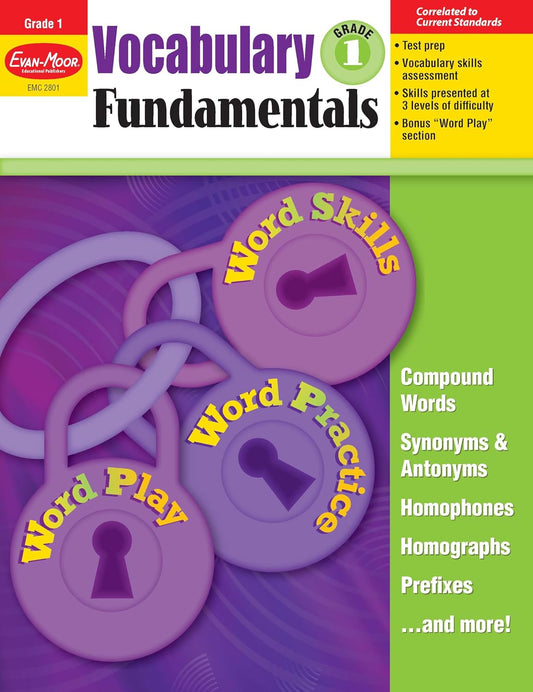 Hot Evan-Moor Vocabulary Fundamentals, Grade 1 Homeschool and Classroom Resource, Reproducible Worksheets, Compound Words, Synonyms, Antonyms, Homophones, Homographs, Prefixes, Word Skills, Practice, Play