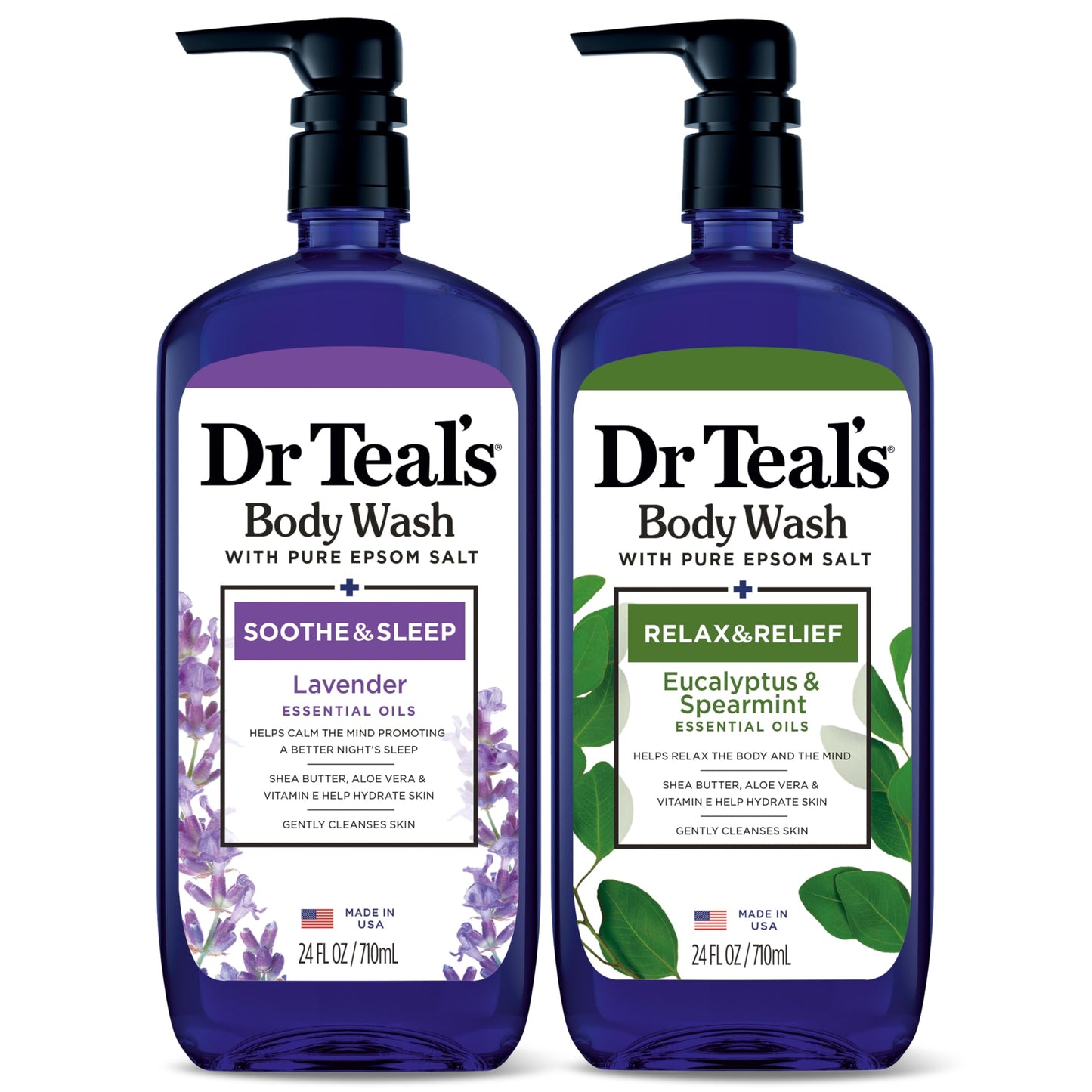 HotDr Teal's Body Wash with Pure Epsom Salt, Relax & Relief with Eucalyptus & Spearmint, 24 fl oz (Pack of 2)