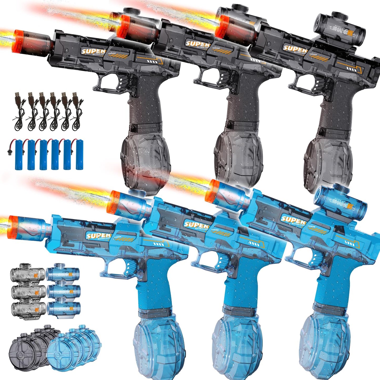 Hot4Pcs Electric Water Gun for Kids Adults, Automatic Squirt Gun Pistol with Water Spray Sound and Led Light, Leak-Proof Rechargeable Watergun for Summer Outdoor Pool Beach Toys for Boys (Black+Blue)