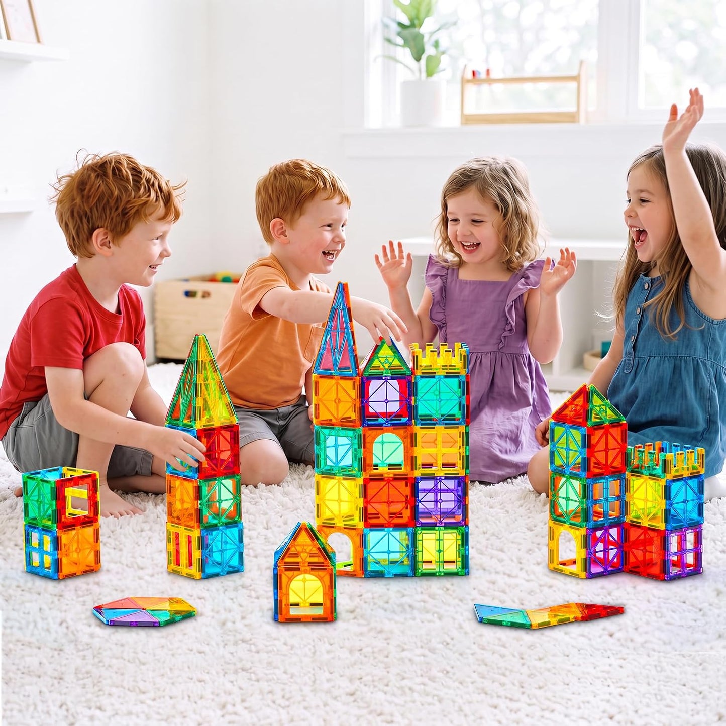 Hot Gemmicc 100 PCS Magnetic Tiles with 2 Cars, STEM Approved Educational Magnet BuildingToys, Magnet Puzzles Stacking Blocks for Boys Girls
