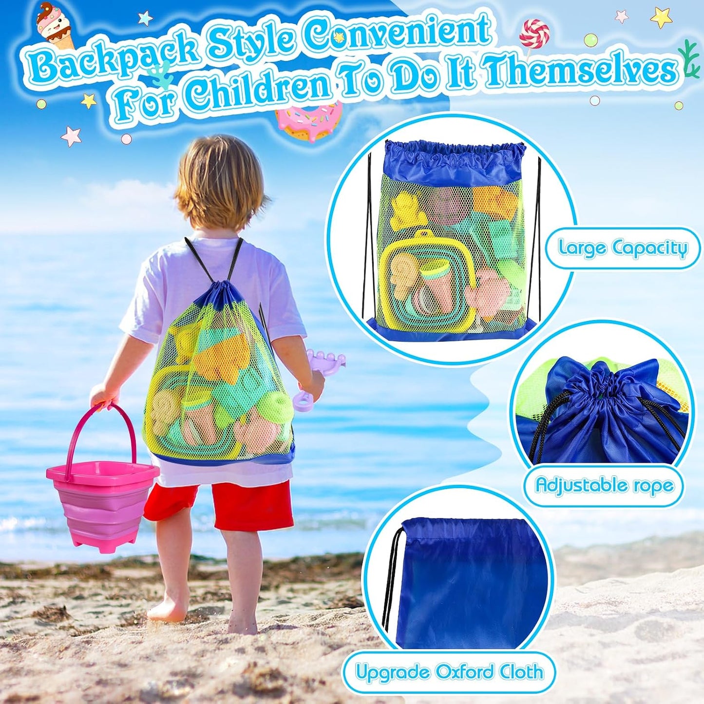 HotCollapsible Beach Toys for Kids Toddlers, 3 Foldable Buckets and Shovels Set, Sand Castle Building Kit, Ice Cream Travel Sand Toys for Sandbox & Mesh Bag, Beach Essentials for Boys Girls Age 3-10
