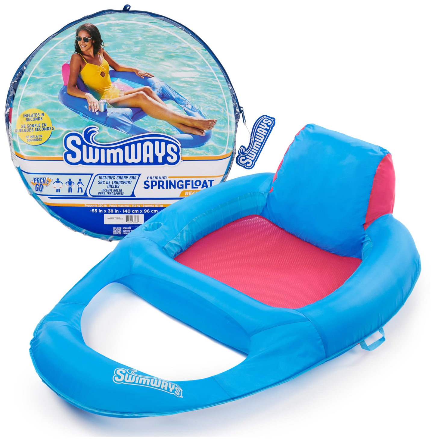 HotSwimWays Spring Float XL Recliner Chair for Swimming Pool, Inflatable Pool Floats for Adults and Teens with Fast Inflation, Cup Holder & Foot Rest, Supports Up to 250 lbs.