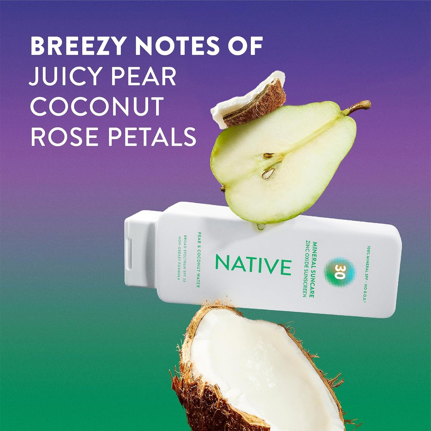 HotNative Mineral Sunscreen Lotion SPF 30, Pear & Coconut Water Scent, with 100% Mineral Zinc Oxide for Face & Body, Hawaii Compliant, Vegan, No White Cast - 7 oz