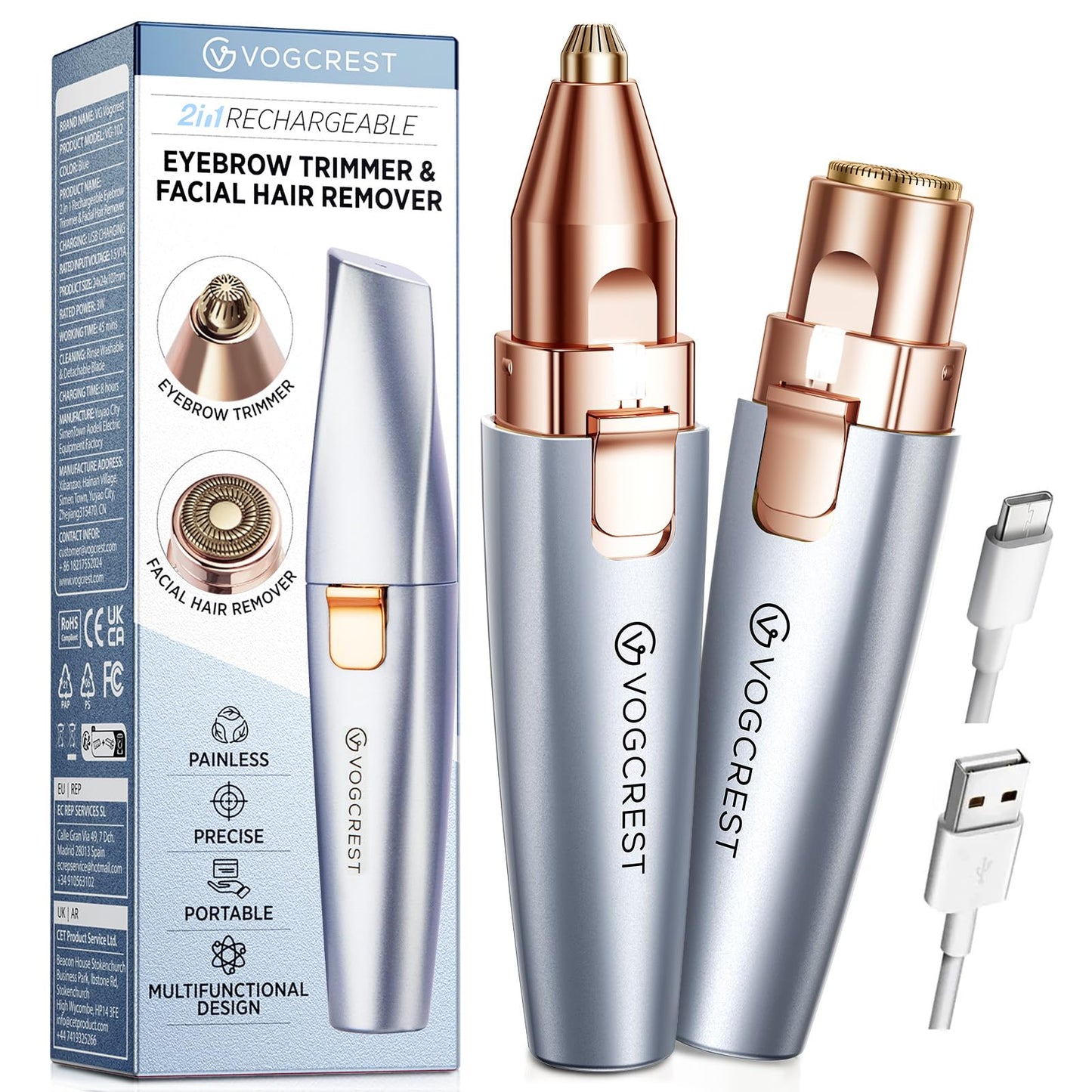 HotVG VOGCREST Eyebrow & Facial Trimmer: 2 in1 Rechargeable Facial Hair Removal & Eyebrow Shaver - Body Razor with Built-in LED Light (Rose Gold)