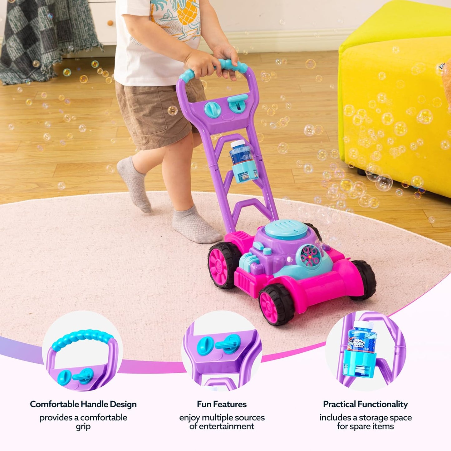 Hot SLOOSH Bubble Lawn Mower Toddler Toys - Spill-Proof Bubble Machine Pretend Gardening Toy for Age 1 2 3 1-3 Year Old Toddler Indoor Outdoor Use, Baby Girl Push Toys Easter Birthday Gift (Pink)