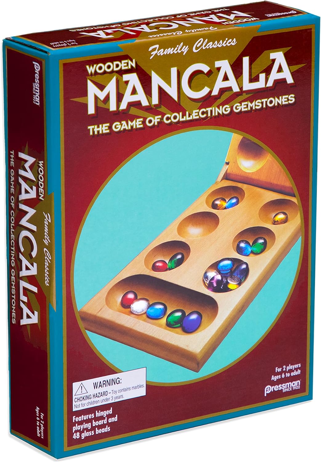 Hot Pressman Mancala Board Game | Fun Classic Table for Adults & Kids | Includes 48 Glass Mancala Stones and Wood Hinged Playing Board | 2 Players, Ages 6+