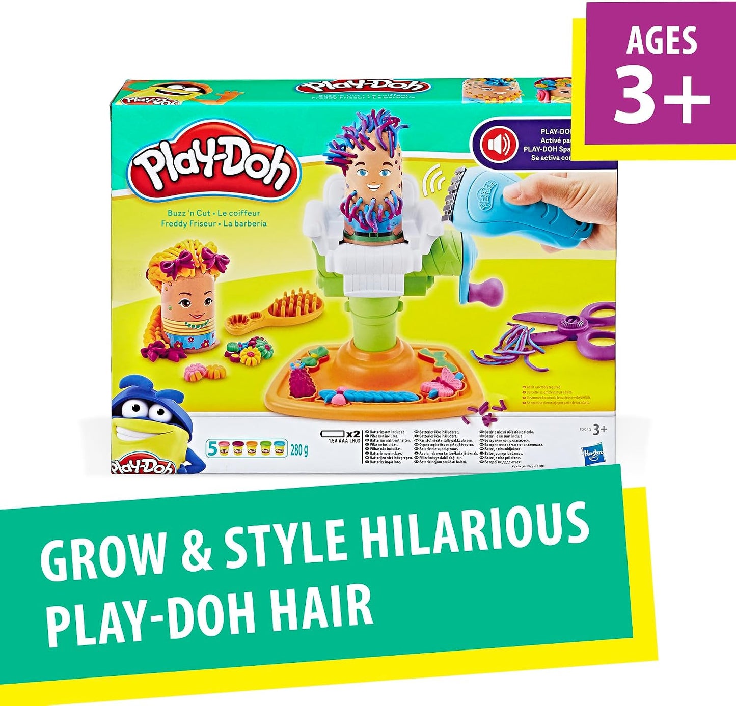 HotPlay-Doh Buzz 'n Cut Fuzzy Pumper Barber Shop Set, Electric Buzzer, 5 Colors of 2-Ounce Cans, Preschool Toys, Girls & Boys, Ages 3+ (Amazon Exclusive)