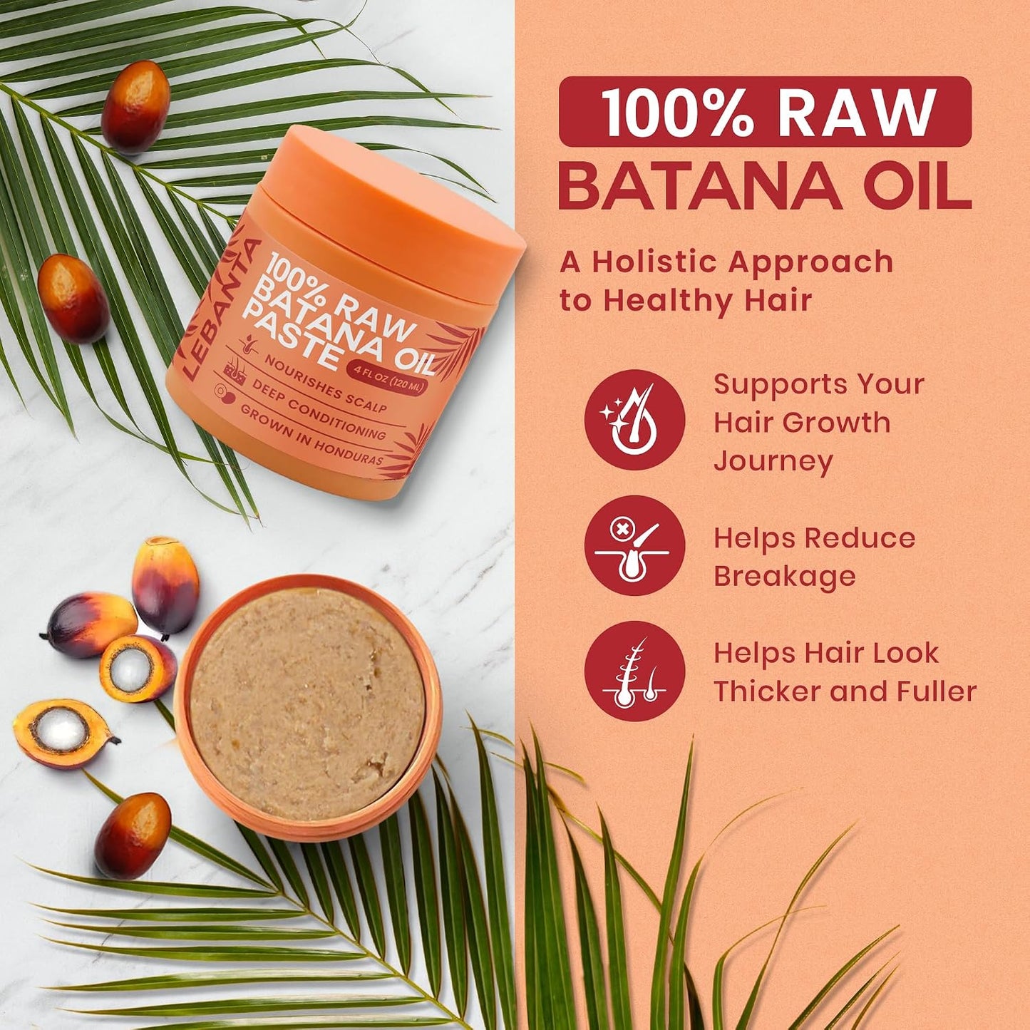 HotLebanta Raw Batana Oil for Hair - 100% Pure, Organic 4oz Batana from Honduras for Fuller, Thicker-Looking Hair - Unrefined Cold Pressed Cosmetic Scalp Oil & Hair Mask, Gift for Women (1 Pack)