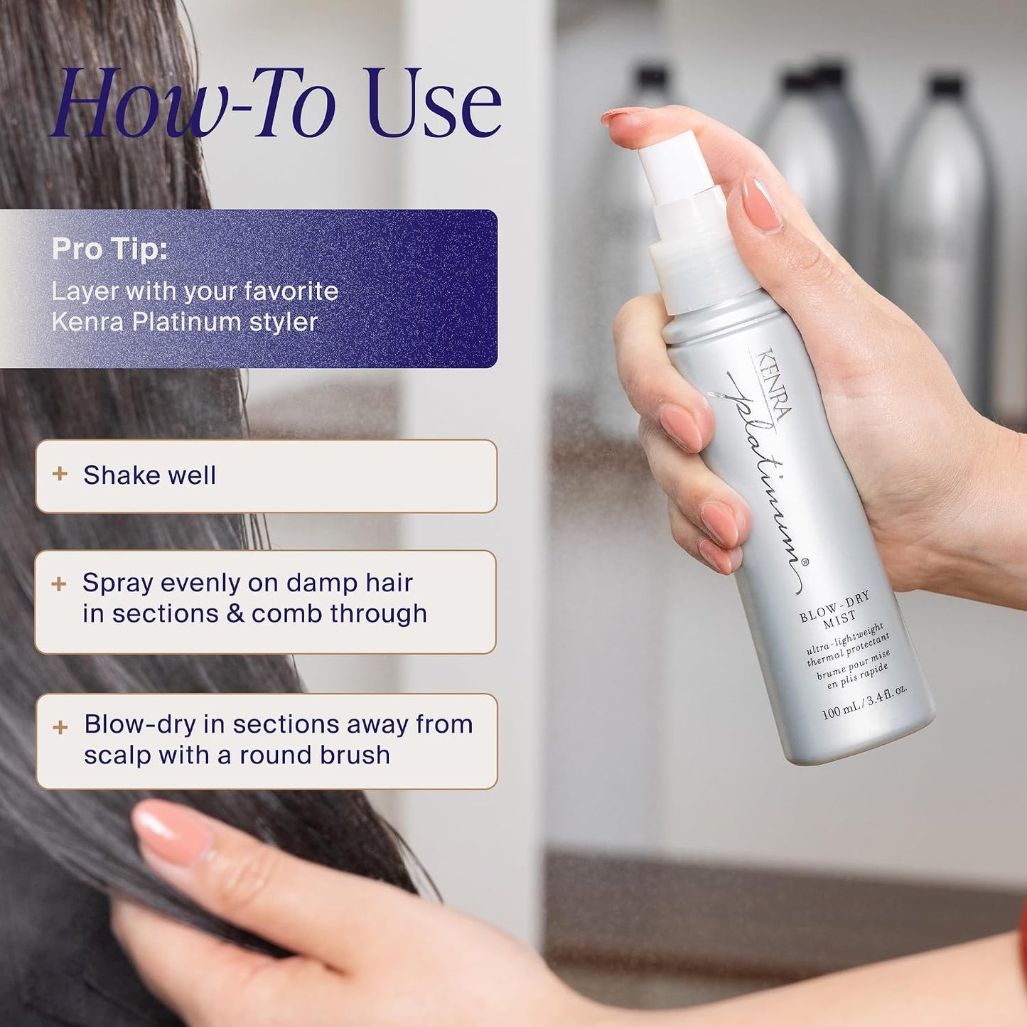 HotKenra Platinum Blow-Dry Mist | Ultra-Lightweight Thermal Protectant | Detangles, Smooths, & Softens | Eliminates Frizz & Resists Humidity | Fine To Medium Hair