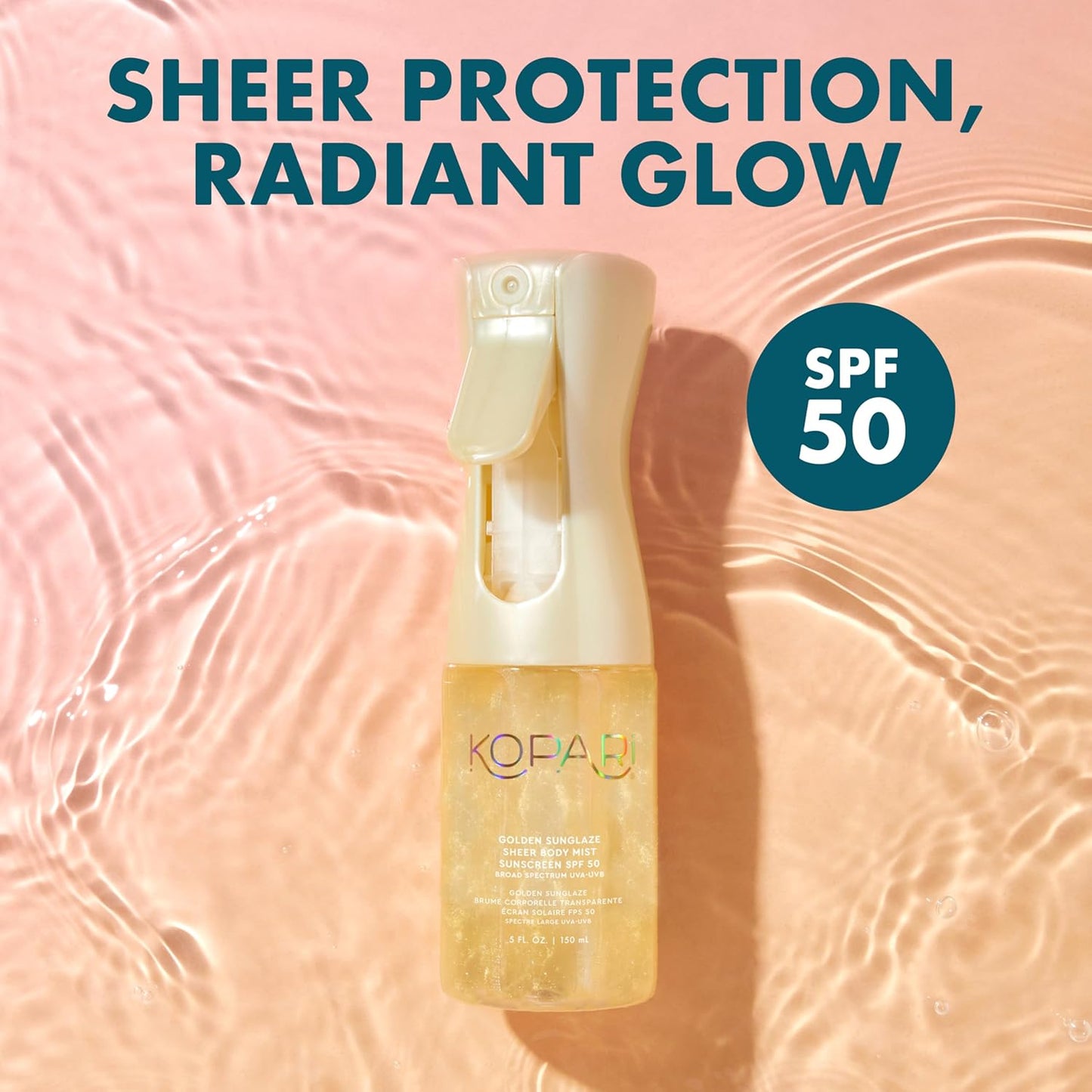 HotKopari Golden Sunglaze Sheer Body Mist Sunscreen SPF 50, Infused with Shimmering Body Oil, Hydrating Mist, Hydrates, Brightens, Gives Skin a Glowy Finish, Lightweight, Fast-Absorbing.