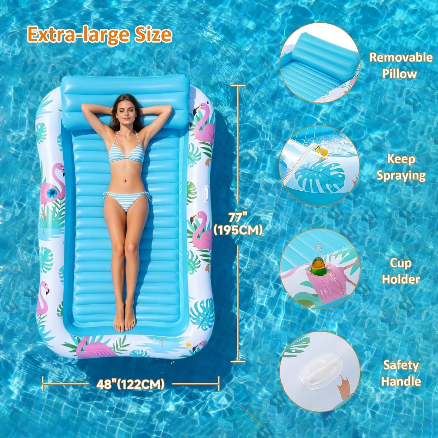 Hot Inflatable Tanning Pool Lounger Float with Sprinkler, Pool Float Adult with Pillow & Cup Holder, Sunbathing Blow Up Tanning Bed, Suntan Tub Raft Floatie for Backyard Summer Water Party Extra-Large