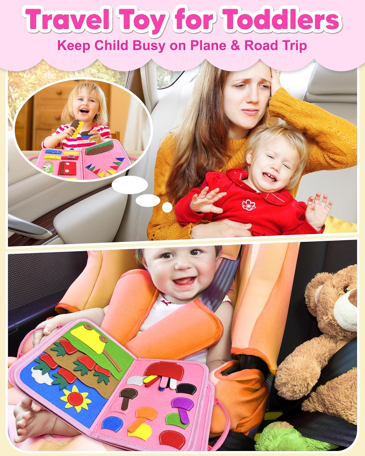 HotExorany Busy Board Montessori Toys for Toddler Girl Birthday Gifts, Busy Book Sensory Learning Toys for Toddlers, Toddler Girl Airplane Car Travel Toy Educational Activities