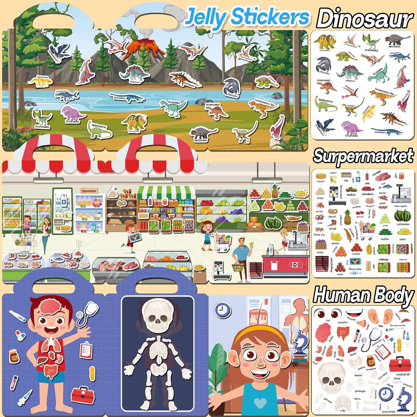 HotiGetooy 6 Sets Reusable Sticker Book for Toddlers 1-3, Jelly Sticker Books for Toddlers 2-4 Years, Toddler Travel Toys for Kids 2 3 4 Year Old Girls Boys