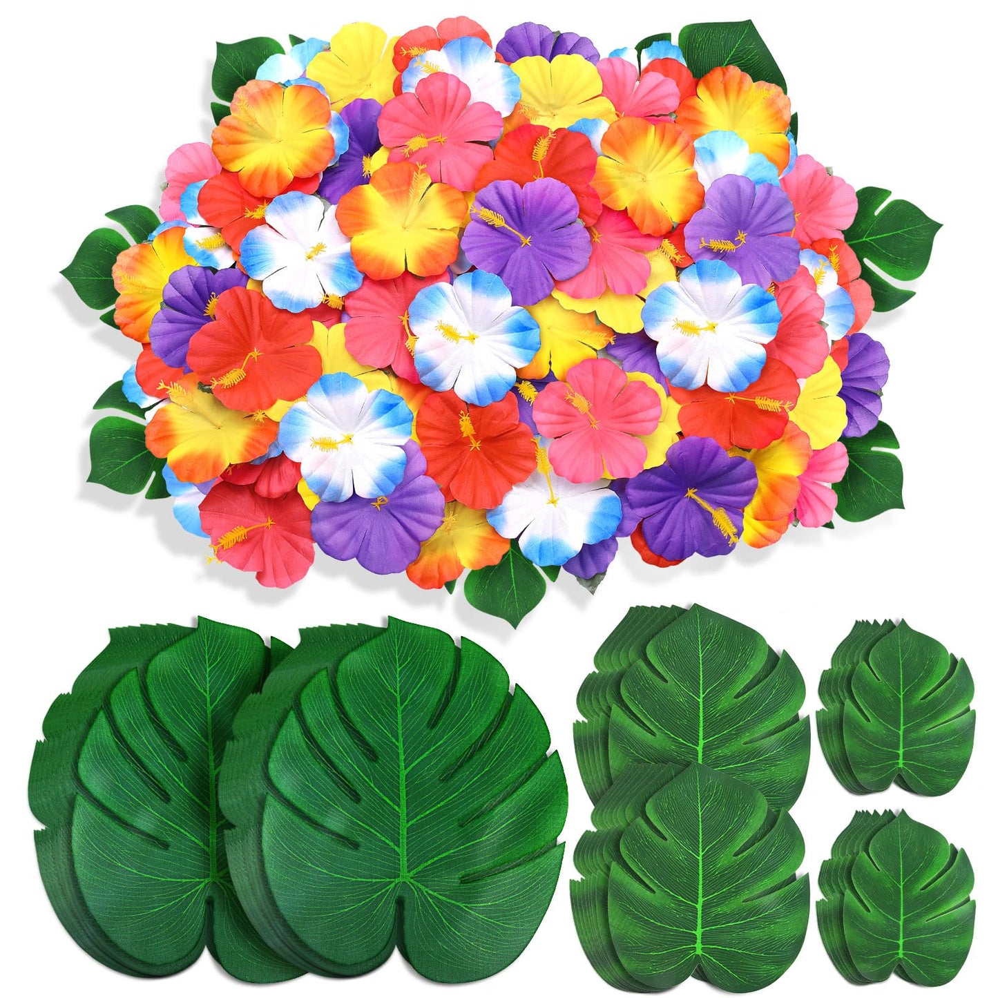Hot UMIKU 60Pcs Luau Party Decorations Tropical Hawaiian Supplies Palm Leaves | Hibiscus Flowers Simulation Artificial Leaf for Safari Party Jungle Beach Theme BBQ Birthday Party Decorations Table Decor