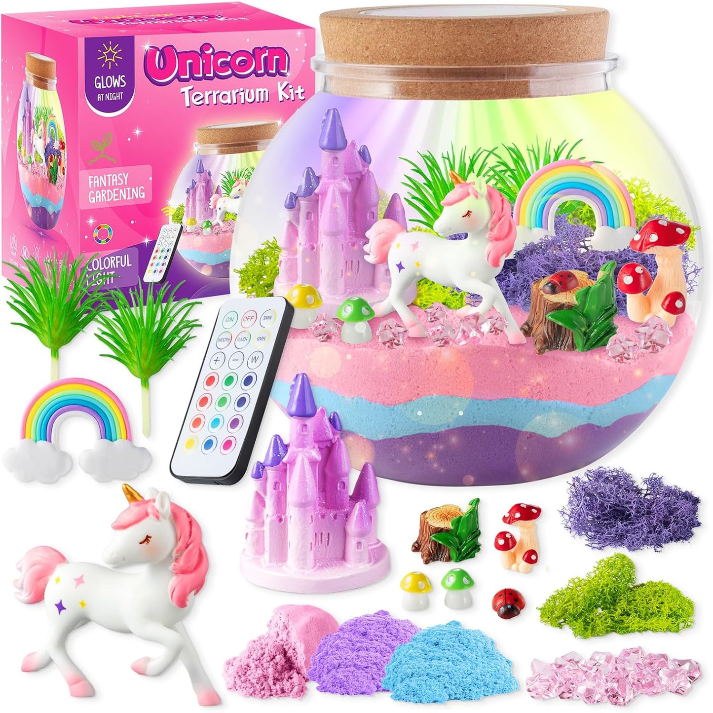 HotJOYEEMAX Unicorn Light-Up Terrarium Kit for Kids - LED Night Light Birthday Gift for Girls Ages 4 5 6 7 8-12 Year Old - Unicorn Toys for Girls - DIY Arts and Crafts Kit for Kids