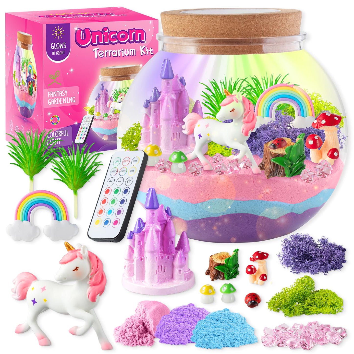HotJOYEEMAX Unicorn Light-Up Terrarium Kit for Kids - LED Night Light Birthday Gift for Girls Ages 4 5 6 7 8-12 Year Old - Unicorn Toys for Girls - DIY Arts and Crafts Kit for Kids