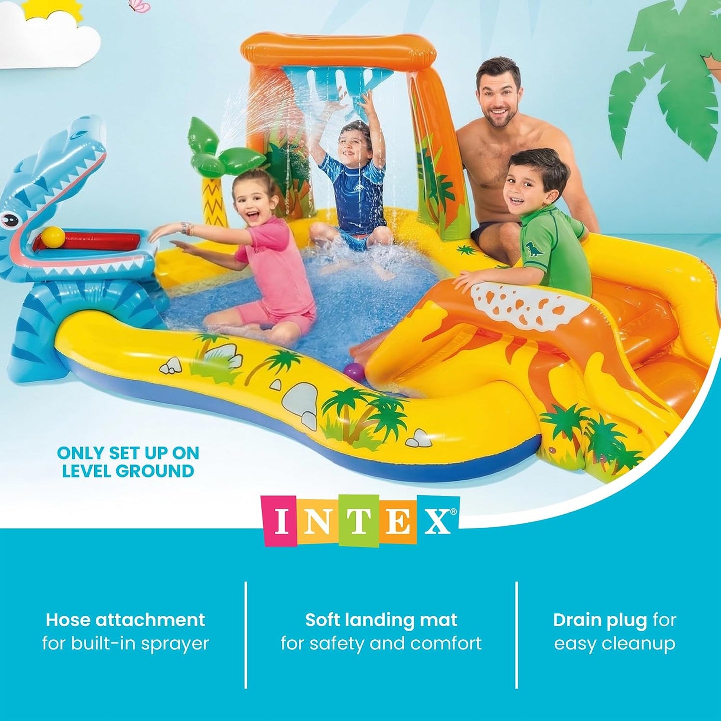 Hot INTEX 57444EP Dinosaur Inflatable Kiddie Pool: Inflatable Kids Pool with Water Sprayer and Slide – Kids Playhouse – 98" x 75" x 43" – Ages 2+