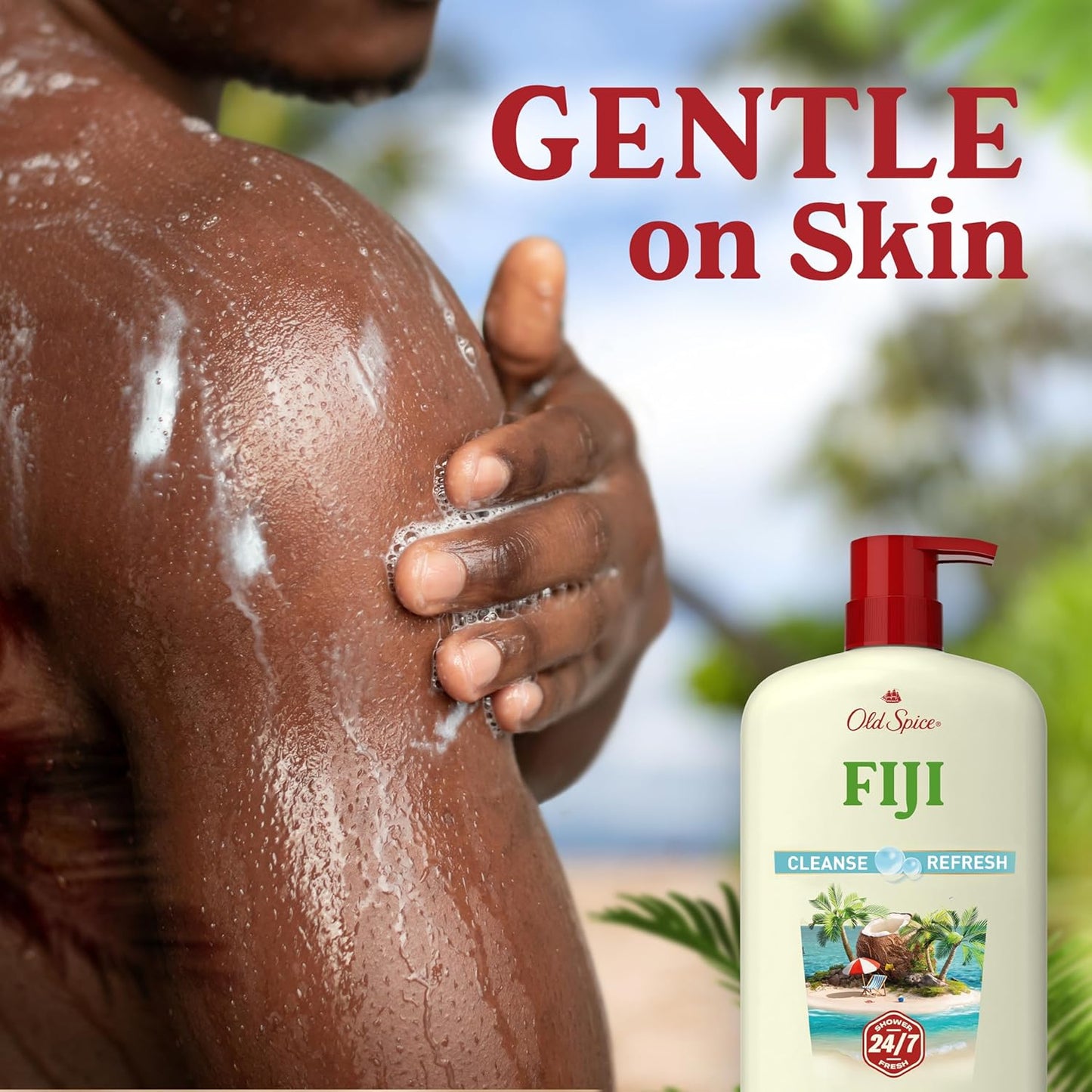 HotOld Spice Body Wash for Men, 24/7 Shower Fresh with Lasting Scent, Cleanse & Refresh, Gentle on Skin, Vitamin B3, Fiji with Palm Tree + Coconut Scent, 25 oz (Pack of 4)