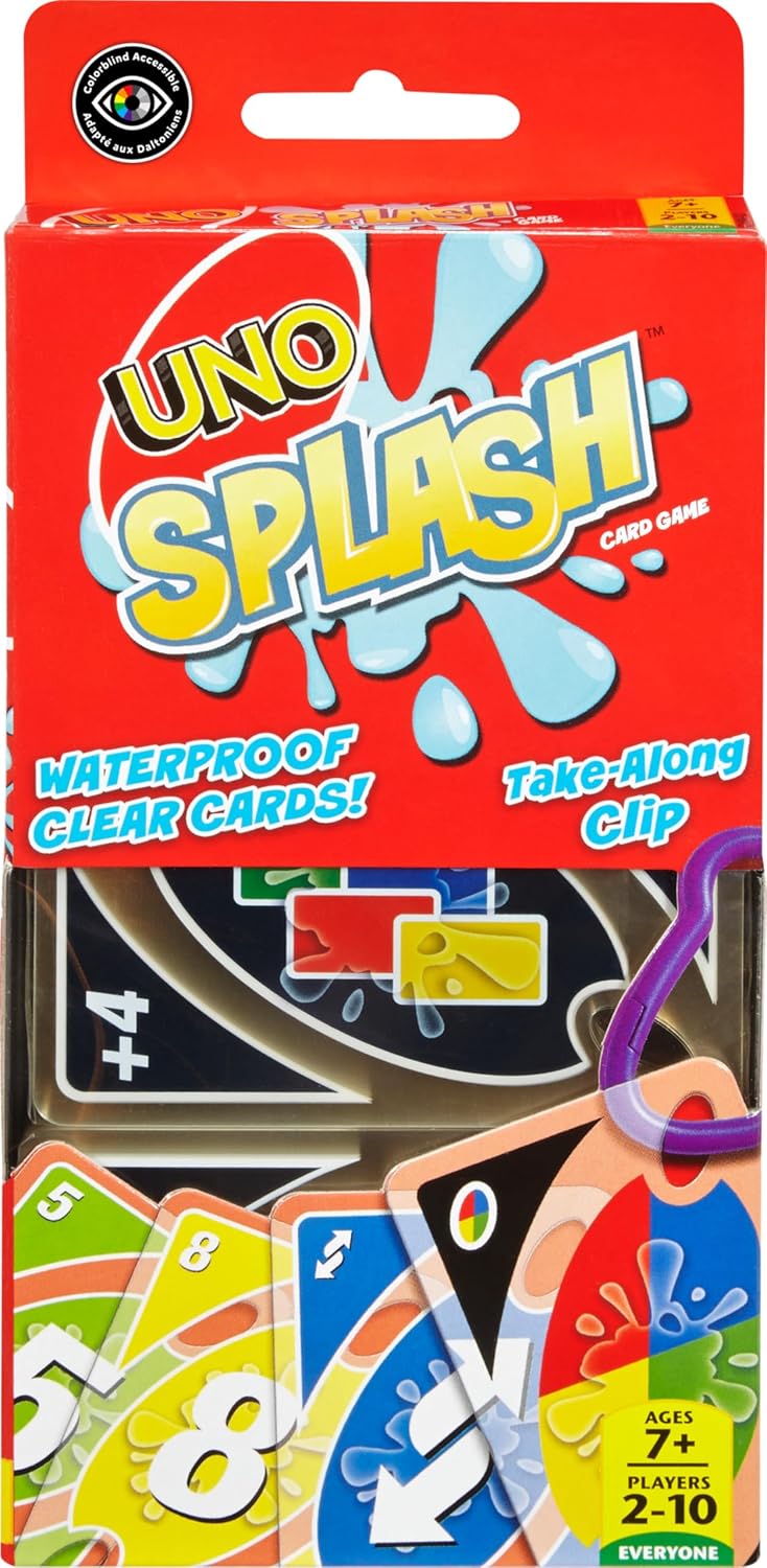 HotMattel Games UNO Splash Card Game, Ages 7+, 2-10 Players | With Waterproof Cards &Portable Carabiner Clip for Travel, Pool Time, Camping & Game Nights Away