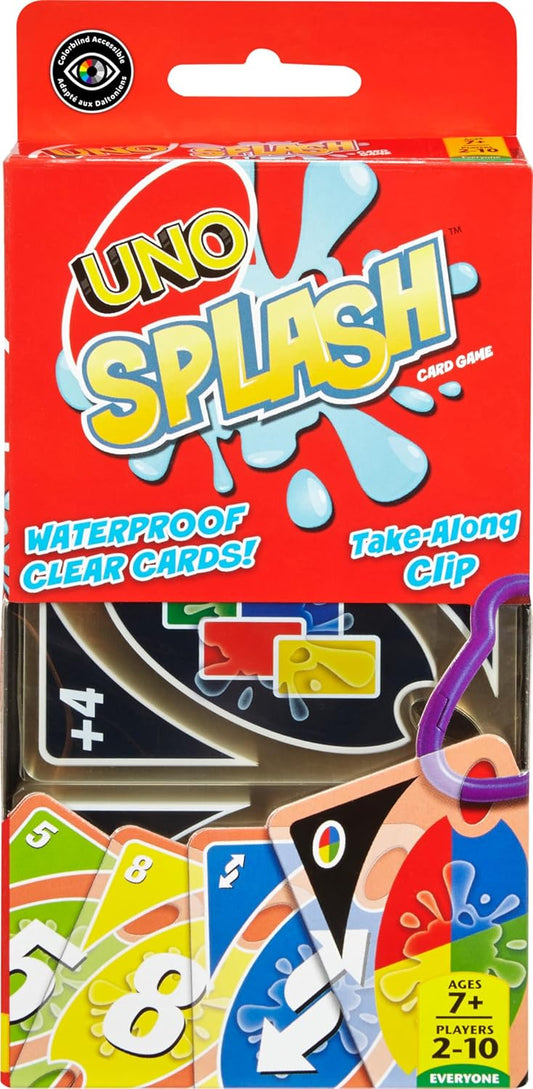 HotMattel Games UNO Splash Card Game, Ages 7+, 2-10 Players | With Waterproof Cards &Portable Carabiner Clip for Travel, Pool Time, Camping & Game Nights Away