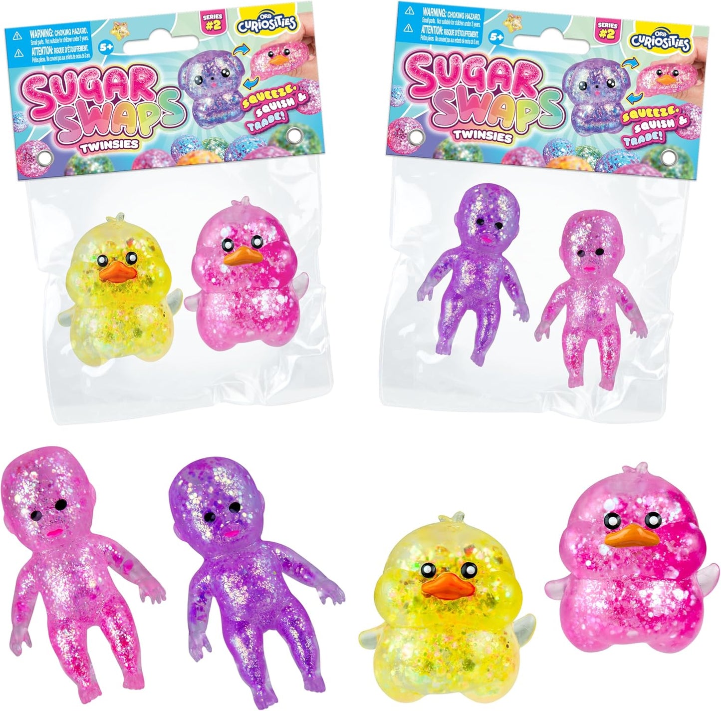 Hot ORB Curiosities Duck and Babies Sugar Swaps 2 Pack - 4 Sparkly Sugar Duck and Baby Squishy Toys to Stretch, Squeeze, Collect, and Trade - Fun Stress Relief, Sensory and Fidget Toys for Kids and Adults