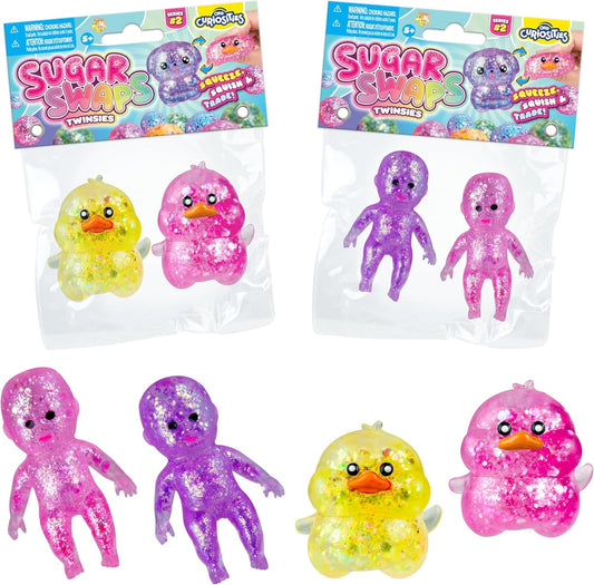Hot ORB Curiosities Duck and Babies Sugar Swaps 2 Pack - 4 Sparkly Sugar Duck and Baby Squishy Toys to Stretch, Squeeze, Collect, and Trade - Fun Stress Relief, Sensory and Fidget Toys for Kids and Adults