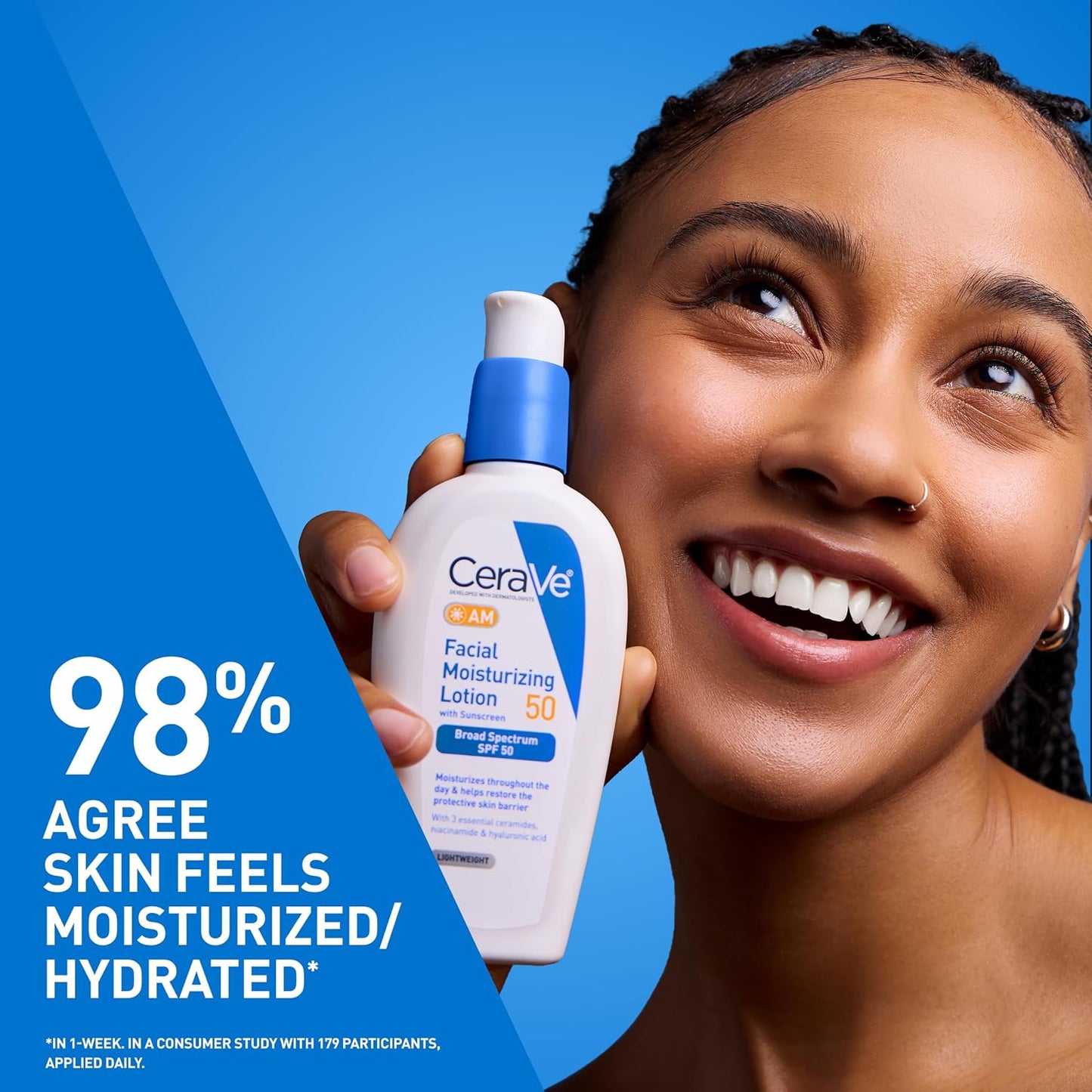 HotCeraVe AM Facial Moisturizing Lotion SPF 50, Face Moisturizer with SPF, Hyaluronic Acid, Niacinamide & Ceramides, Non-Greasy, Blends Seamlessly With No White Cast, Non Comedogenic Sunscreen, 3 Oz