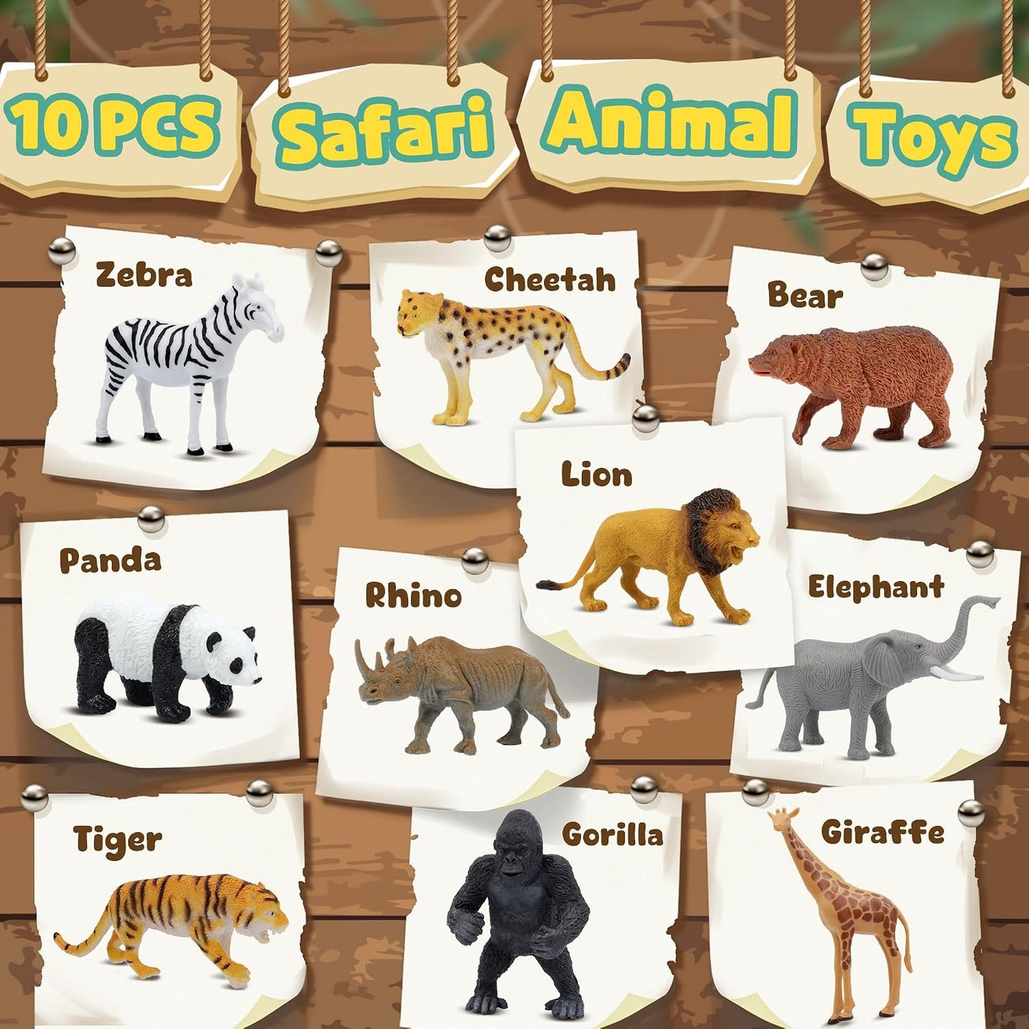 HotSafari Animal Figurines Set for Kids, 10 Piece Realistic Wild Zoo Animals Collection with Elephant, Lion, Tiger, Giraffe, Educational Toys for Toddlers Boys Girls