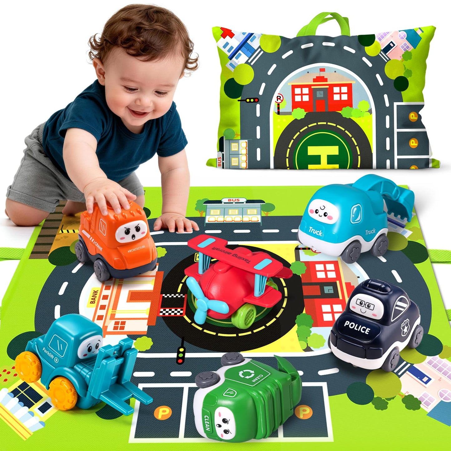 Hot Big Cartoon Truck Car Toys for 1 Year Old Boy with Playmat/Storage Bag|Baby and Toddler Toys 12-18 Months & Age 1-2|1st Birthday Gift for Baby Toys 1 Year Old