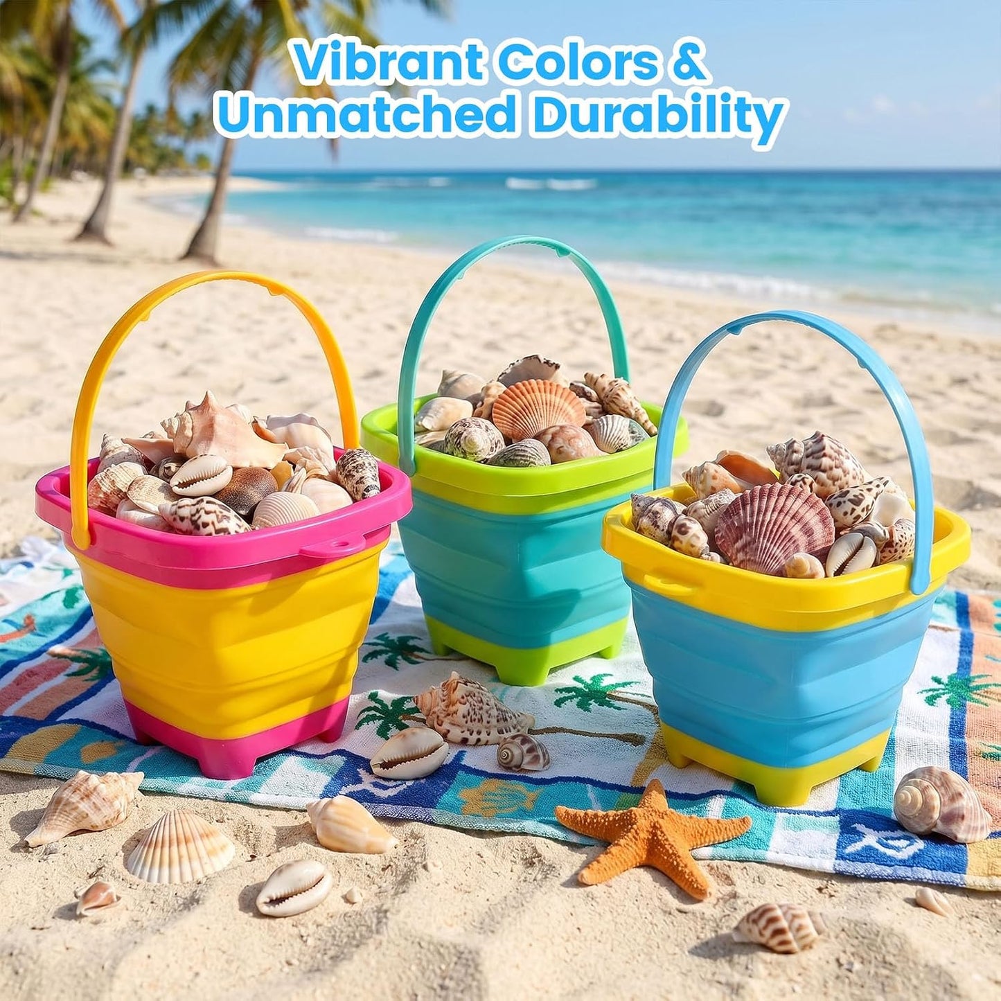 Hot Shindel 3Packs Foldable Pail Bucket, 2L Silicone Collapsible Beach Toys Bucket for Kids, Multi Purpose for Fun Summer Activities, Camping Gear, Beach Essentials