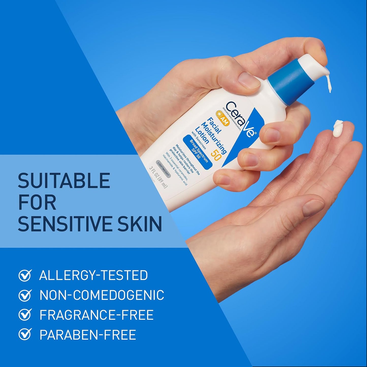 HotCeraVe AM Facial Moisturizing Lotion SPF 50, Face Moisturizer with SPF, Hyaluronic Acid, Niacinamide & Ceramides, Non-Greasy, Blends Seamlessly With No White Cast, Non Comedogenic Sunscreen, 3 Oz