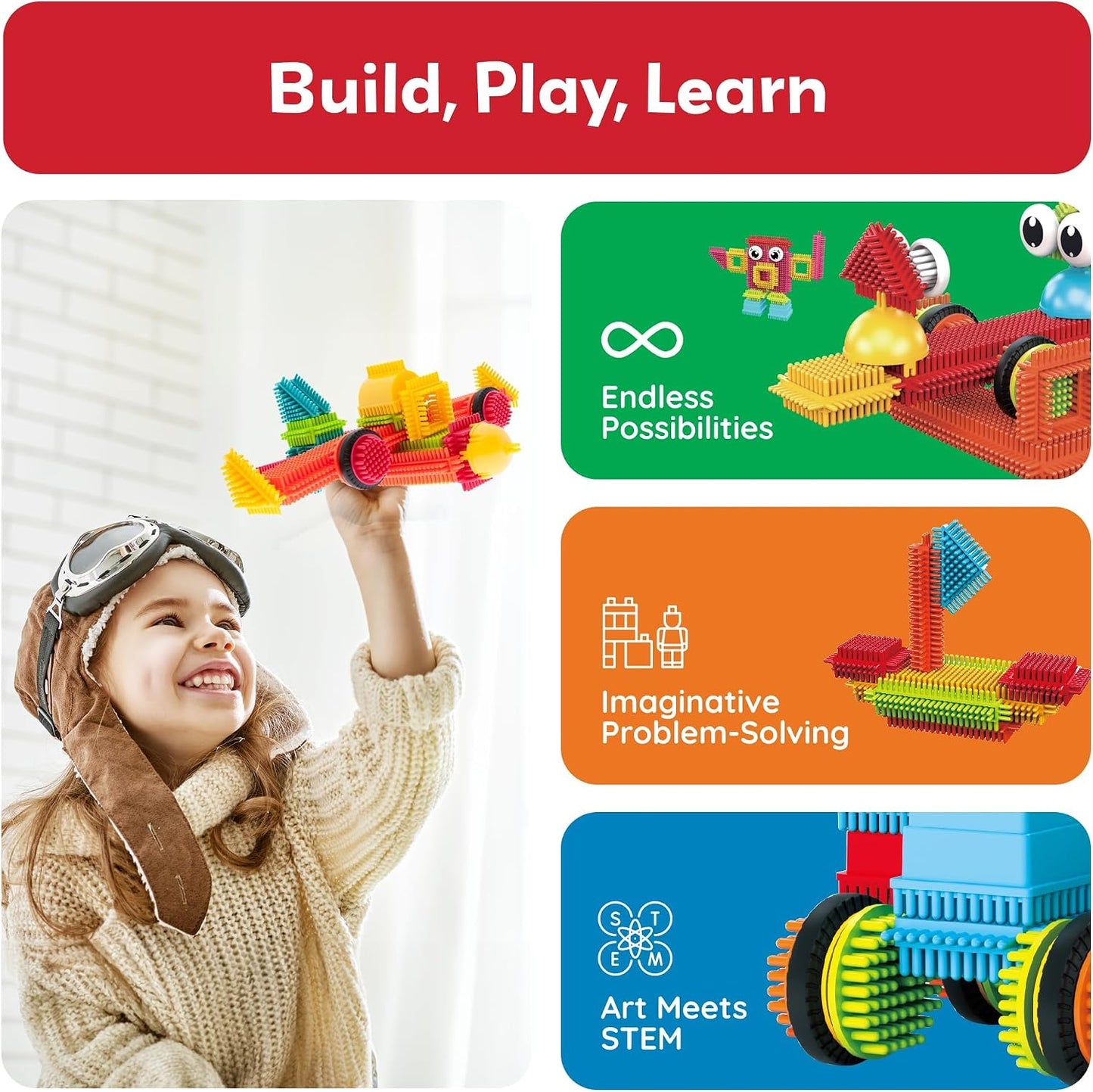 HotPicassoTiles 120pcs Hedgehog Interlocking Building Blocks Tiles Construction Toy Set Learning Playset STEAM Development Preschool Kindergarten Toy for Kids Age3+ PTB120 | Soft rubbery texture, easy-connect forms, BPA-free & lead-safe material, 20+ 3D d