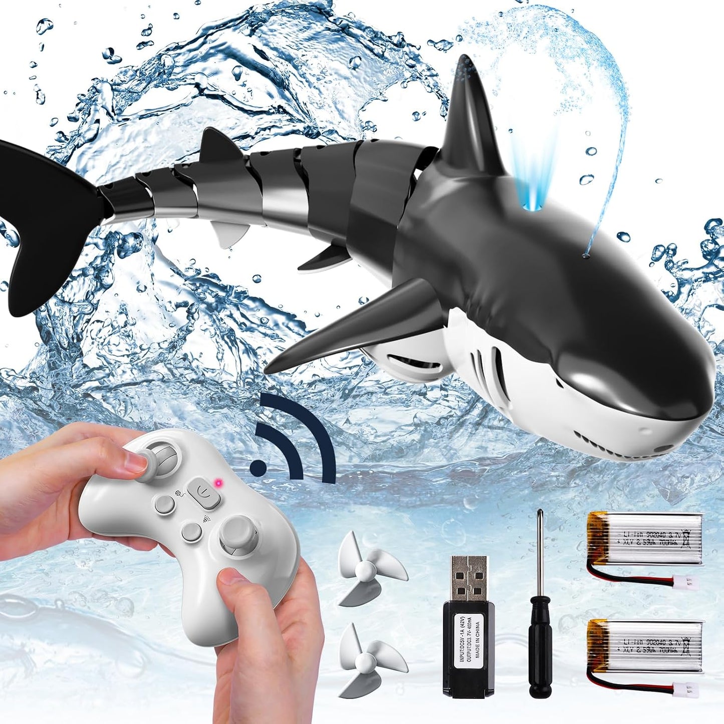 HotBennol 2.4Ghz Remote Control Shark Toys for Boys Kids, 1:18 Scale High Simulation Shark for Pool, Electric RC Sharks Fish Toys with Light & Spray Water Function for 6 7 8 9 Year olds Kid Boys
