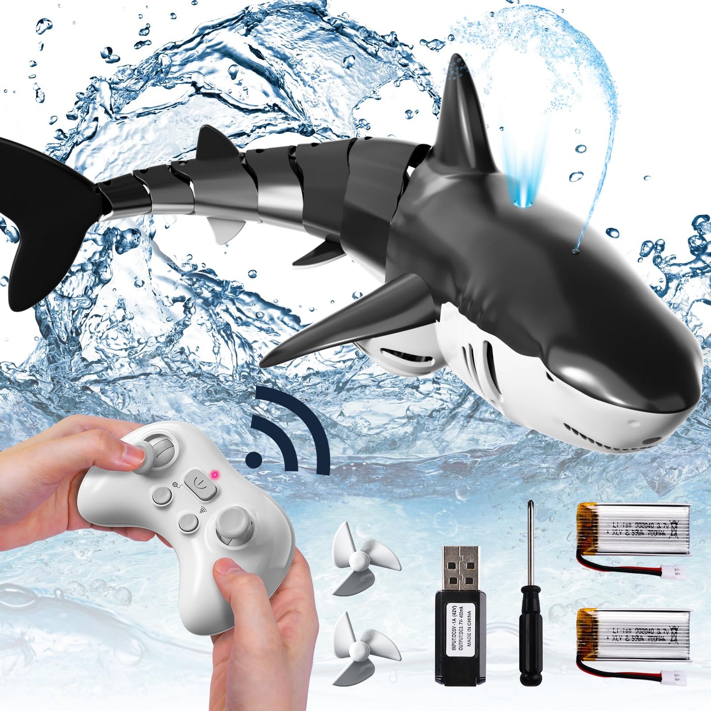 HotBennol 2.4Ghz Remote Control Shark Toys for Boys Kids, 1:18 Scale High Simulation Shark for Pool, Electric RC Sharks Fish Toys with Light & Spray Water Function for 6 7 8 9 Year olds Kid Boys