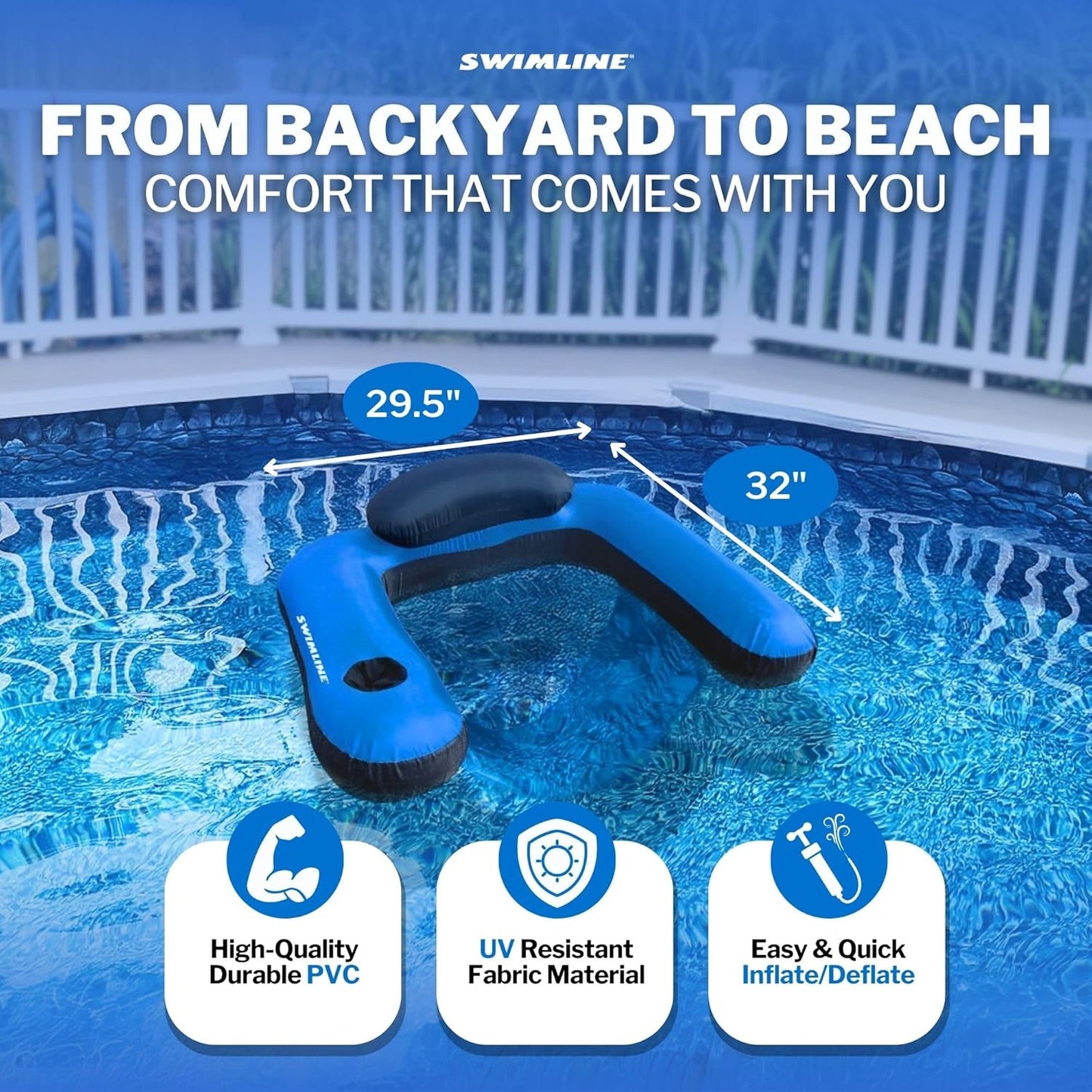 HotSWIMLINE Original Fabric Covered Inflatable Pool Lounger | with Comfortable Sling Seat, Back Rest, and Built in Cup Holder | for Pool, Beach, Lake, and More
