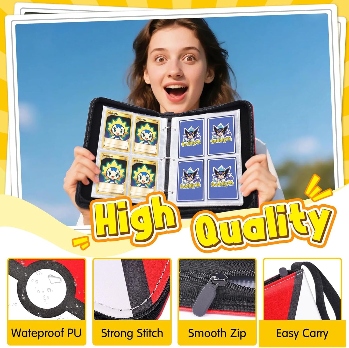 Hot Card Binder – 4 Pocket Zipper Collection Album, Premium PU Holder, Double-Sided Display for 400 Cards, Includes 5 Hard Plastic Sleeves for Game Cards, Sports Cards