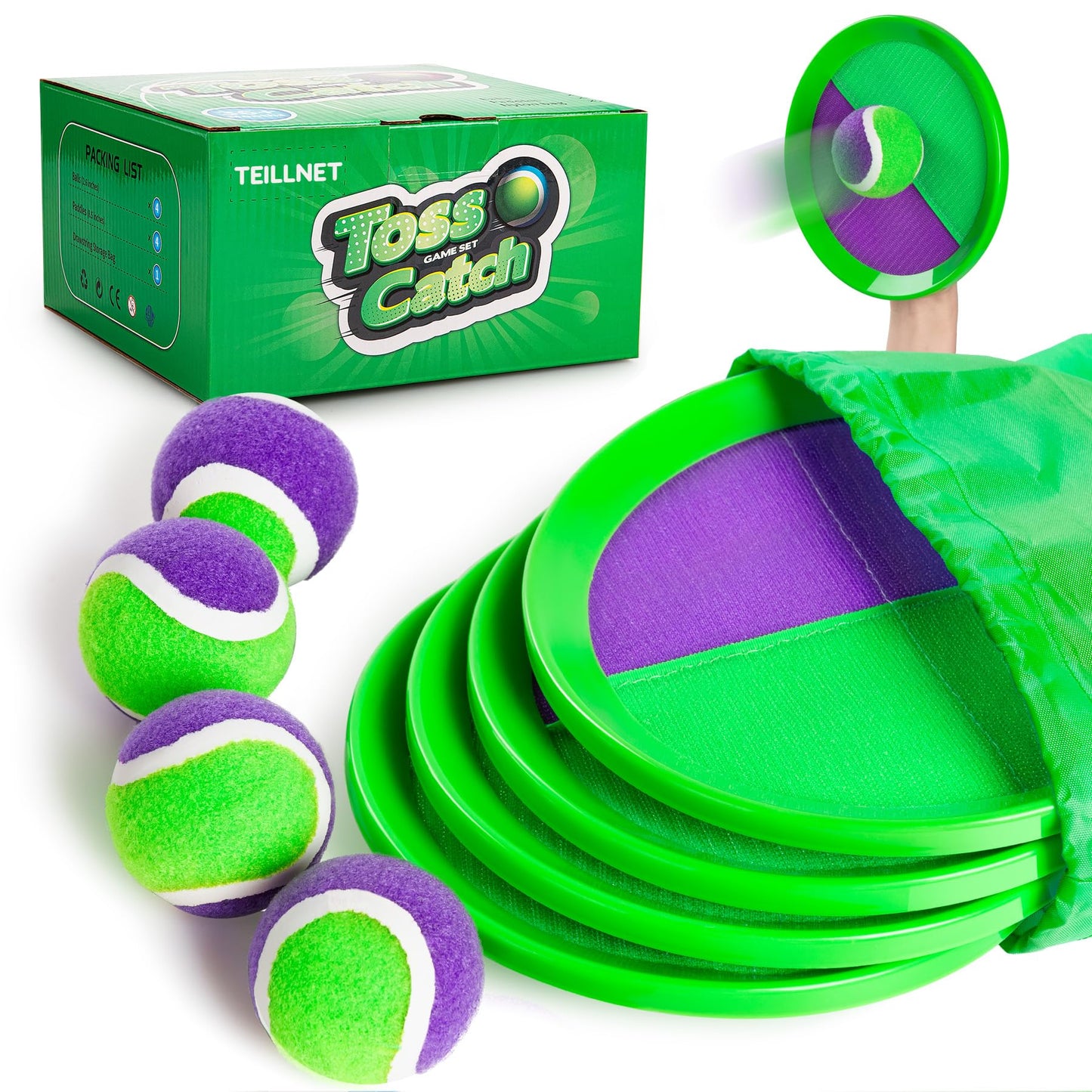 Hot TEILLNET Toss and Catch Ball Set Upgraded - Kids Toys Beach Toys Baseball Games - Sturdy & Water-Resistant for Outdoor Pool Yard Games - Classic Gift for Boys Girls 3 4 5 6 7 8 9 10 11 12+ Years
