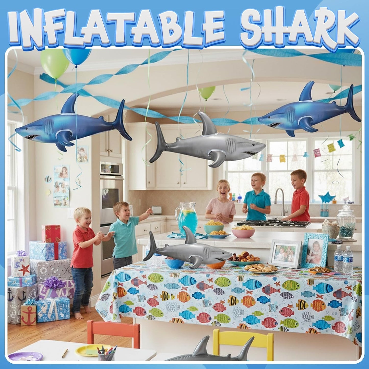Hot Inflatable Shark Birthday Party Decorations & Pool Toys - 4 Pack (2 Grey, 2 Blue) Large 23-Inch Blow-Up Shark Float Party Supplies for Kids or Adults Birthday, Beach, Summer Games & Party Favor Gifts