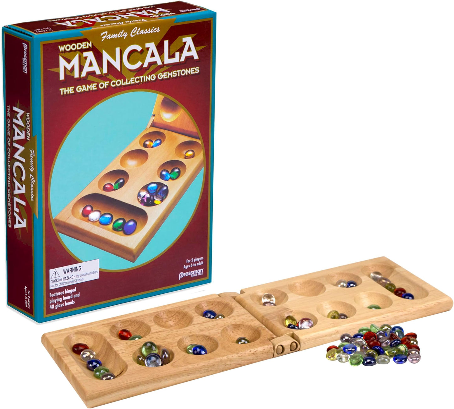 Hot Pressman Mancala Board Game | Fun Classic Table for Adults & Kids | Includes 48 Glass Mancala Stones and Wood Hinged Playing Board | 2 Players, Ages 6+