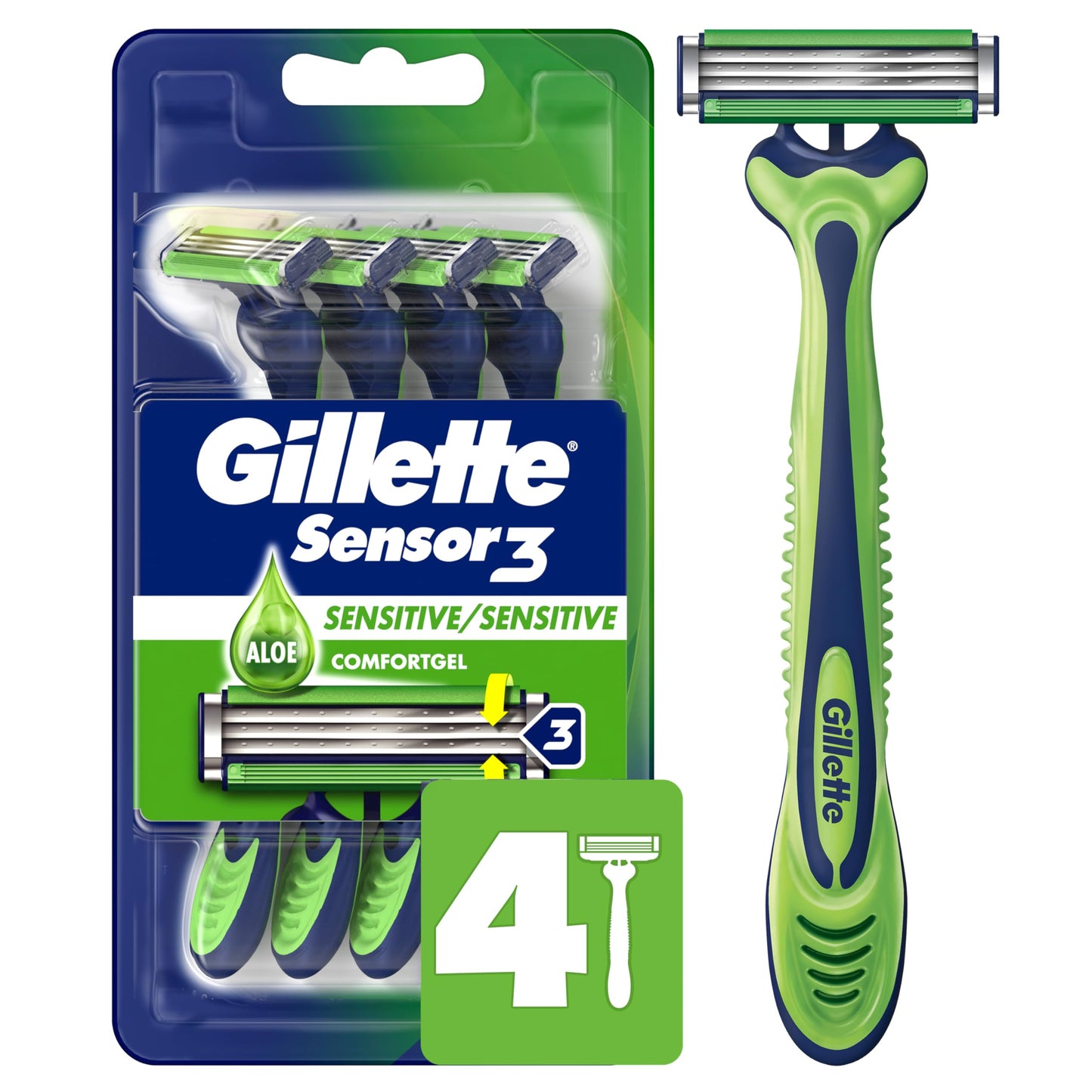 HotGillette Sensor3 Sensitive Men's Disposable Shaving Razors, 12 Count